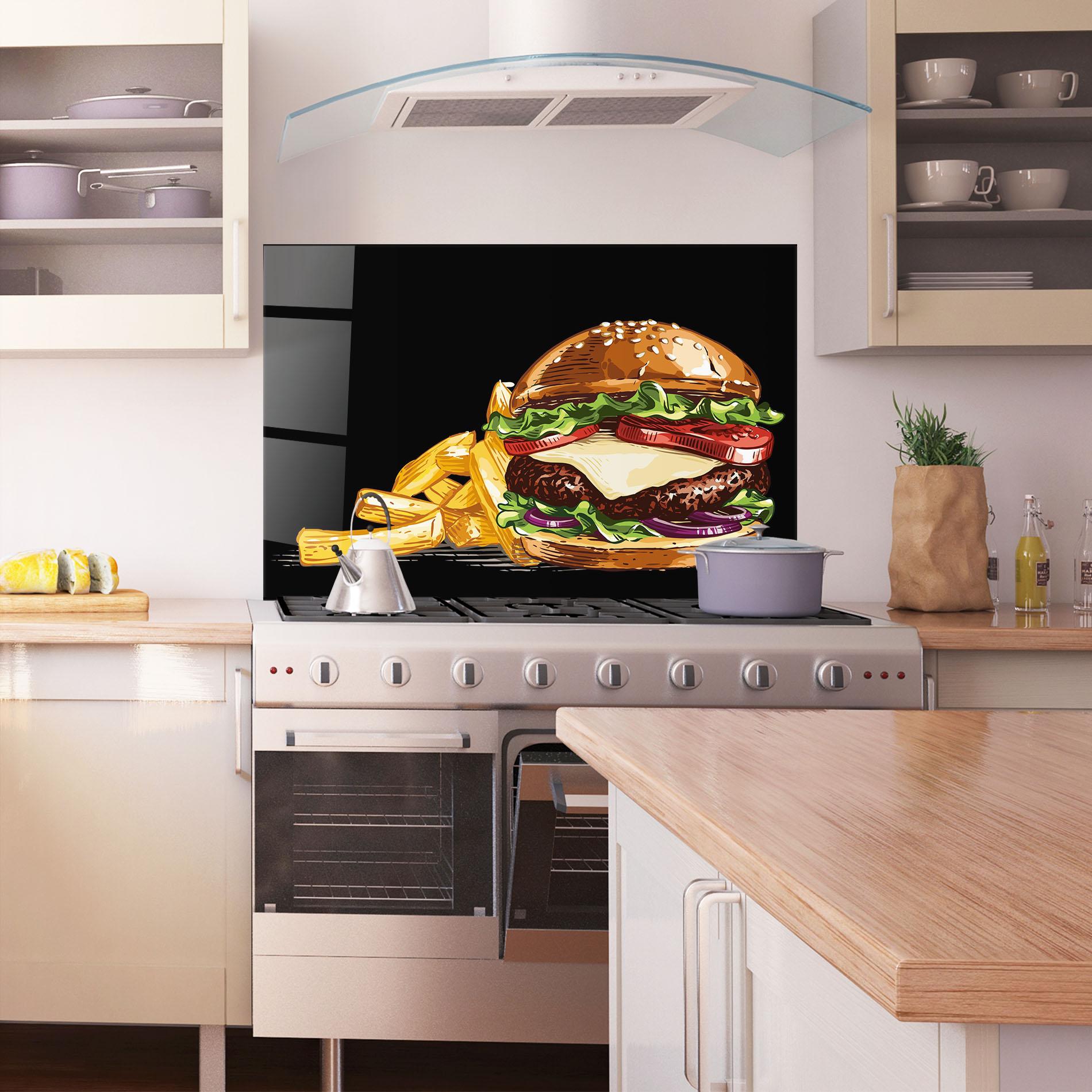 Panou Sticla Bucatarie Burger Fries mockup 1