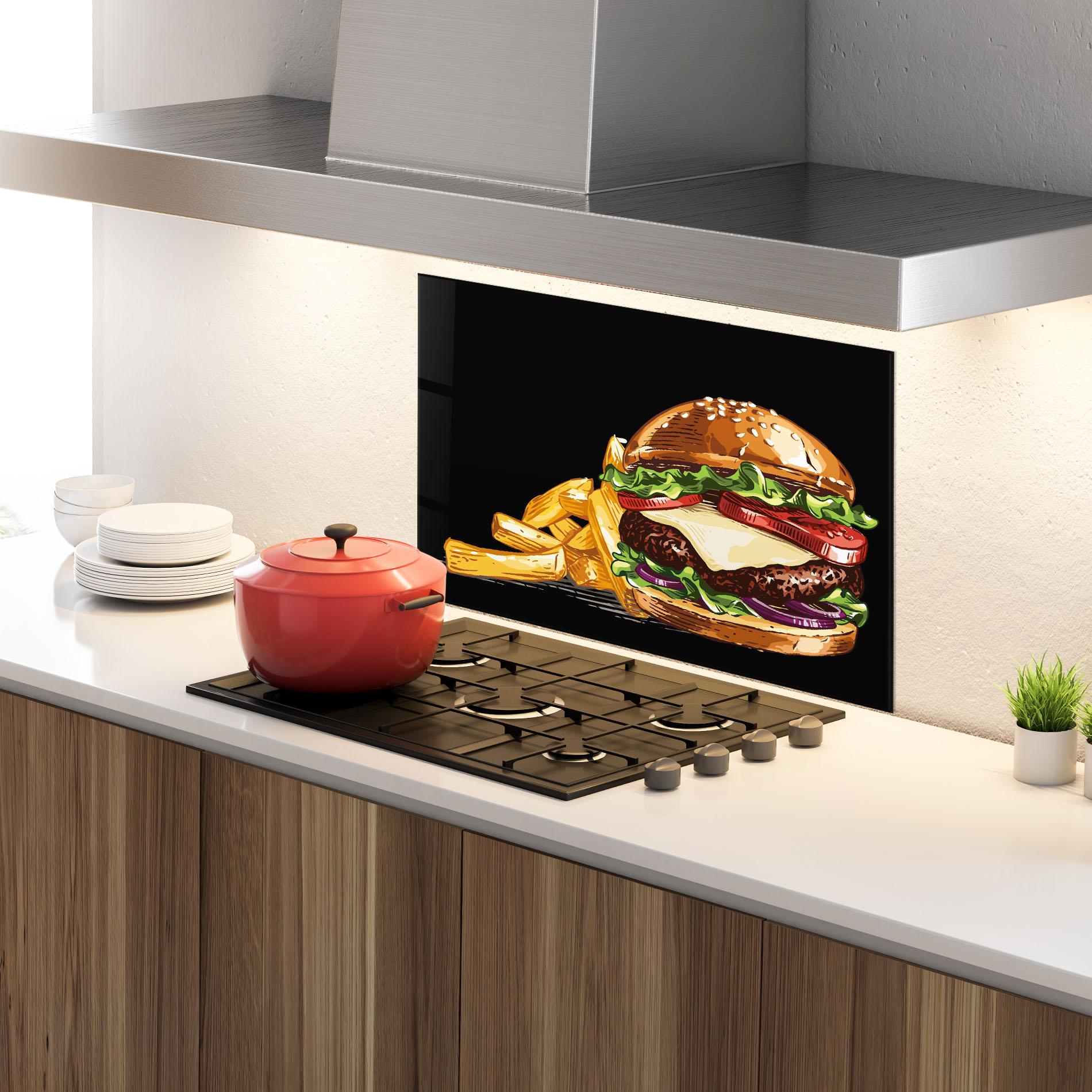Panou Sticla Bucatarie Burger Fries mockup 4