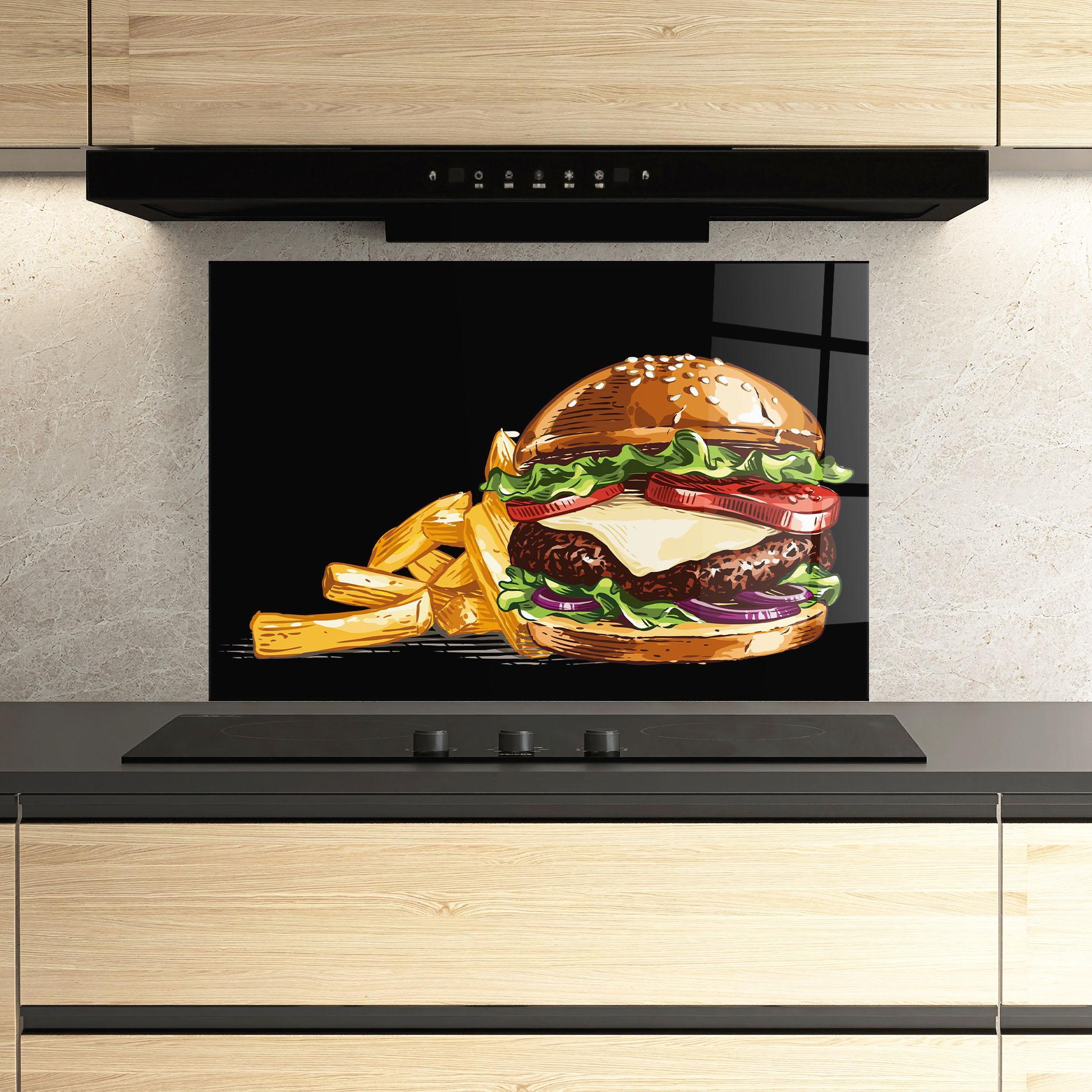 Panou Sticla Bucatarie Burger Fries mockup 3