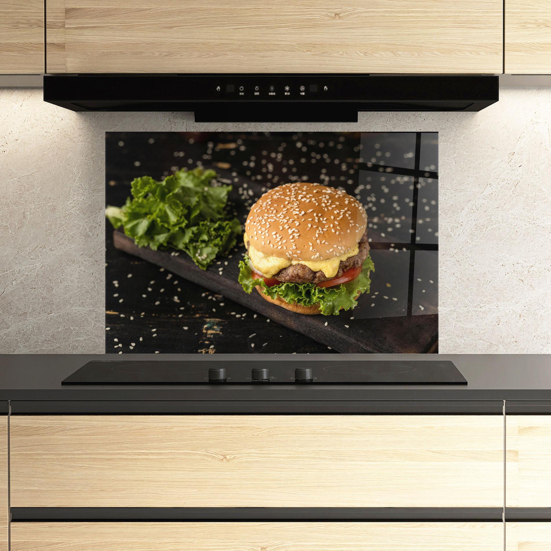 Panou Sticla Bucatarie Salad Hamburger mockup 3