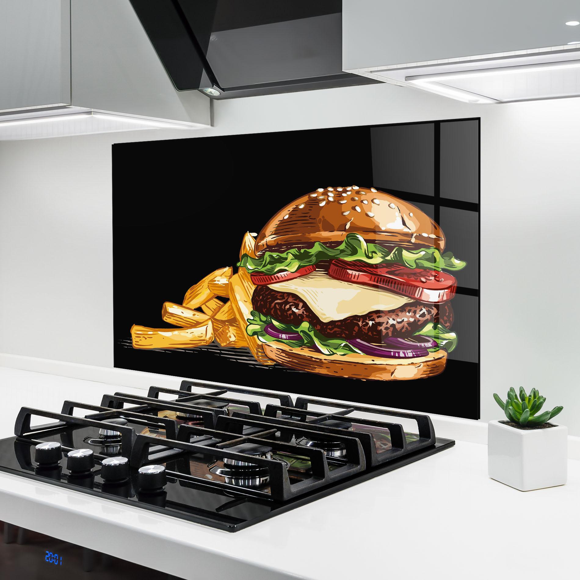 Panou Sticla Bucatarie Burger Fries mockup 6