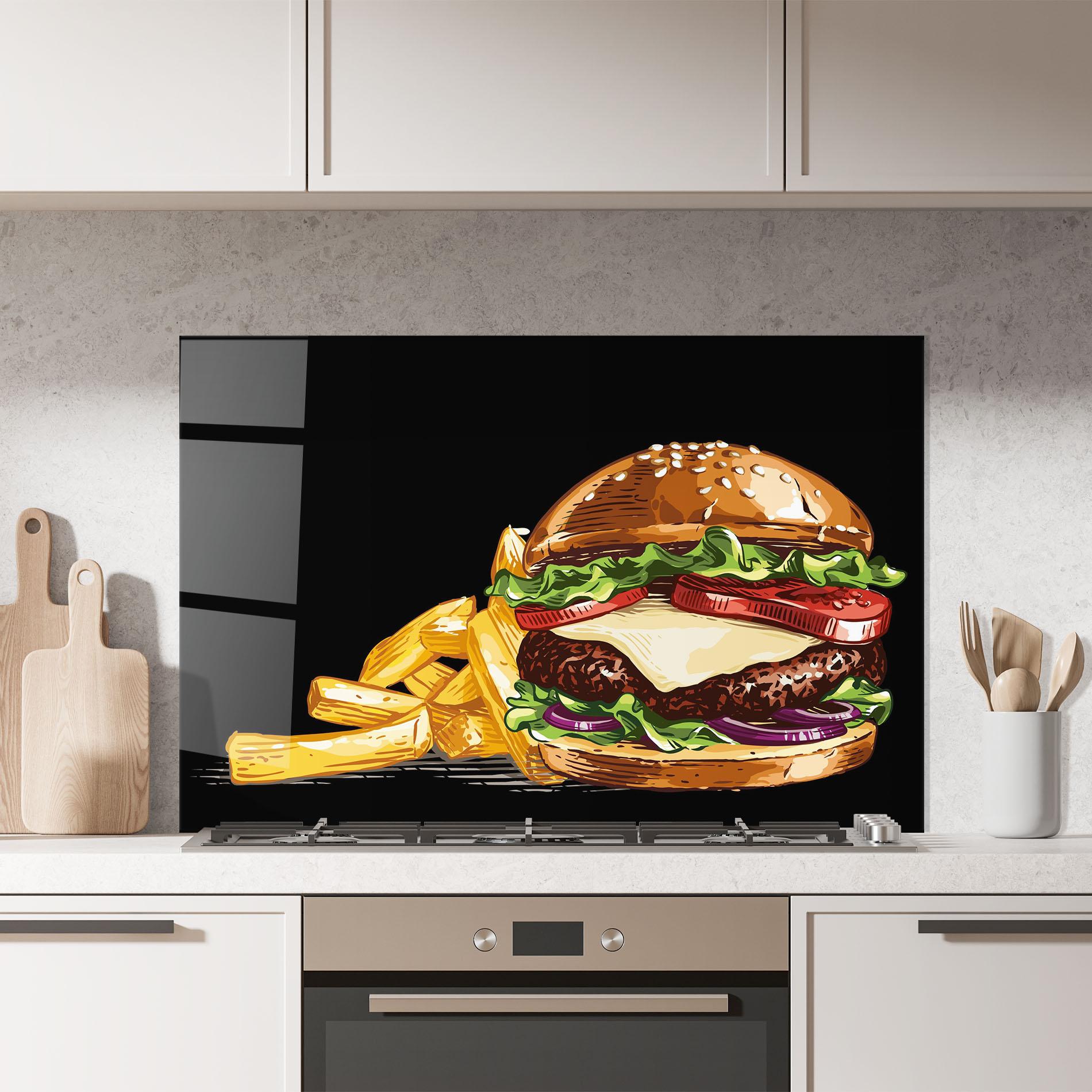 Panou Sticla Bucatarie Burger Fries mockup 7