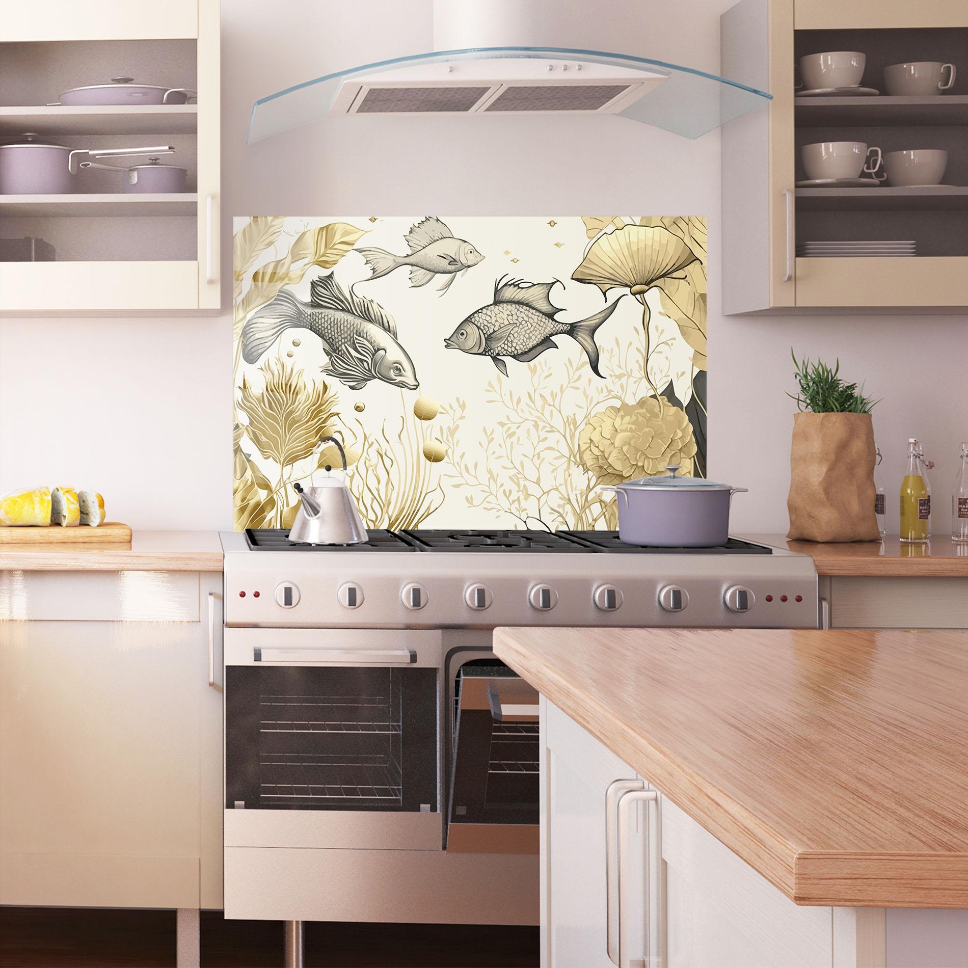 Panou Sticla Bucatarie Grey Gold Fish mockup 1
