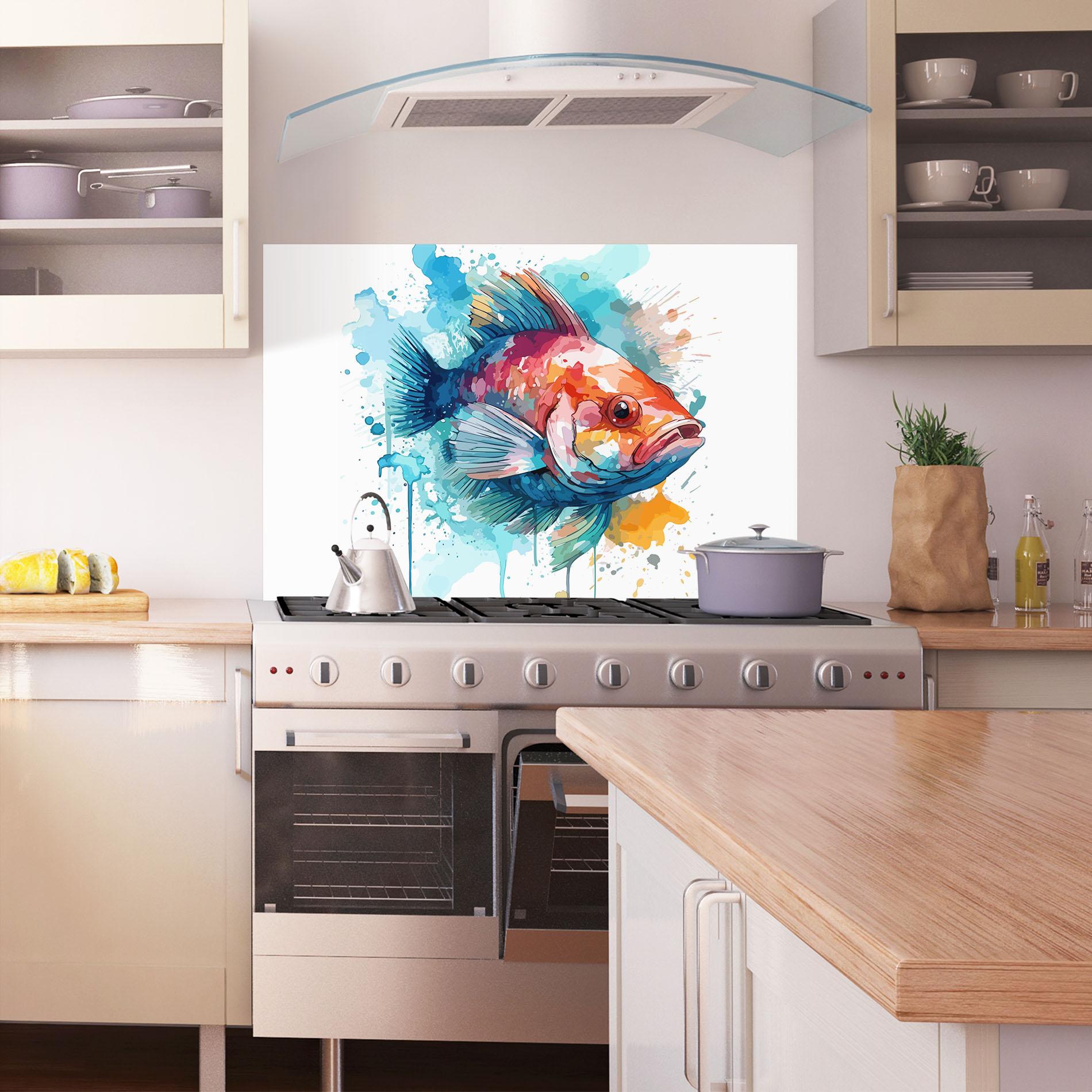 Panou Sticla Bucatarie Watercolor Fish mockup 1