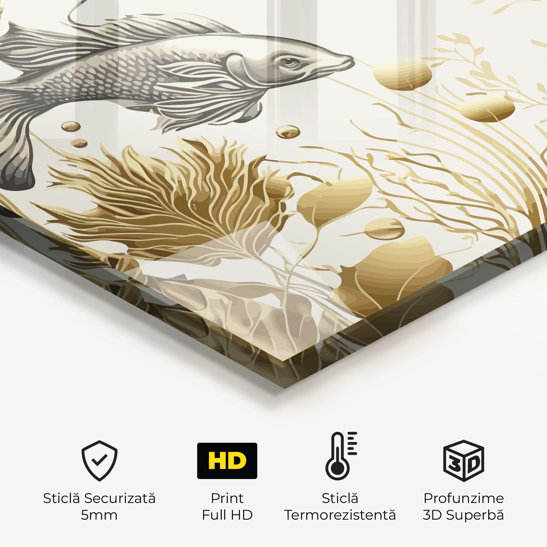 Panou Sticla Bucatarie Grey Gold Fish mockup 2