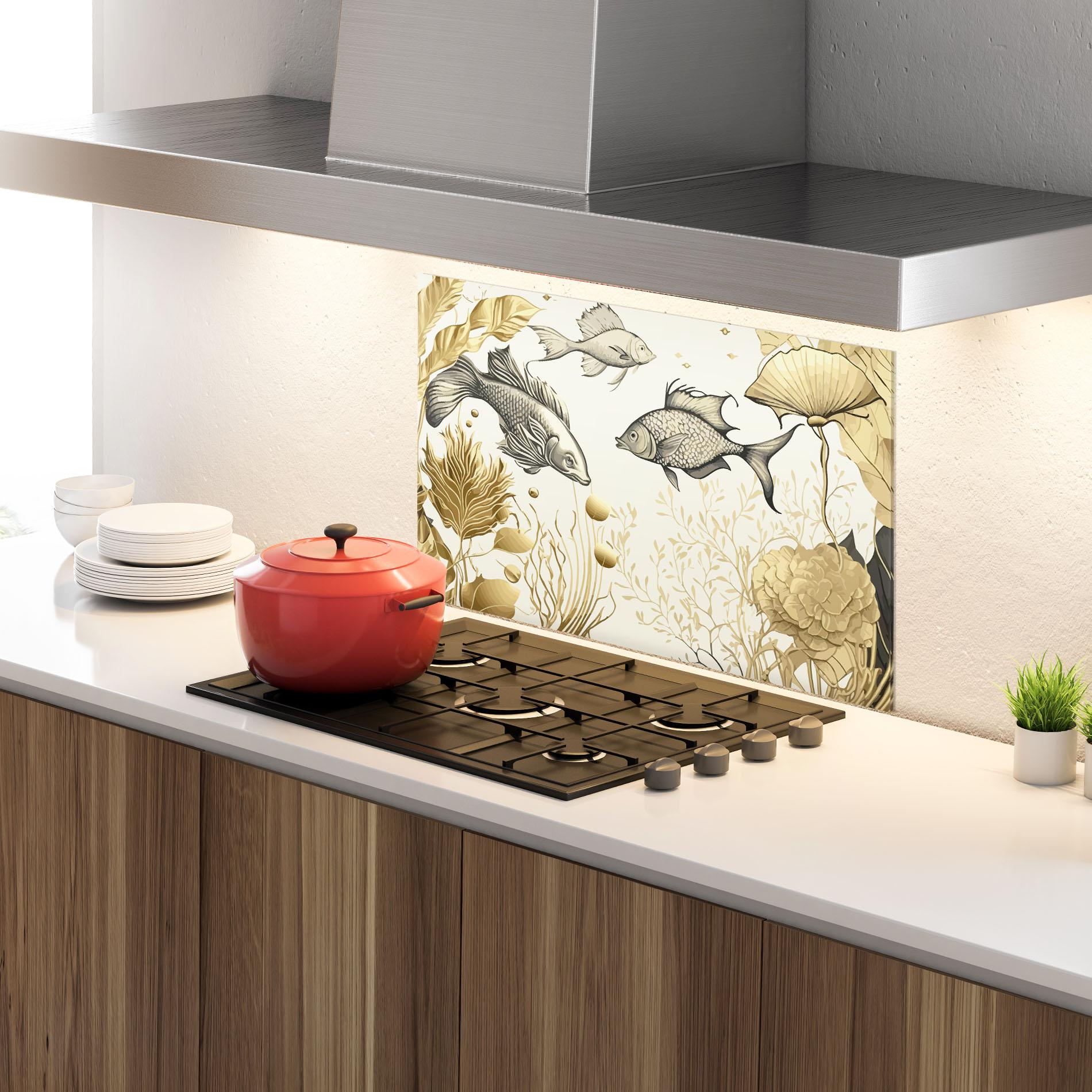 Panou Sticla Bucatarie Grey Gold Fish mockup 4