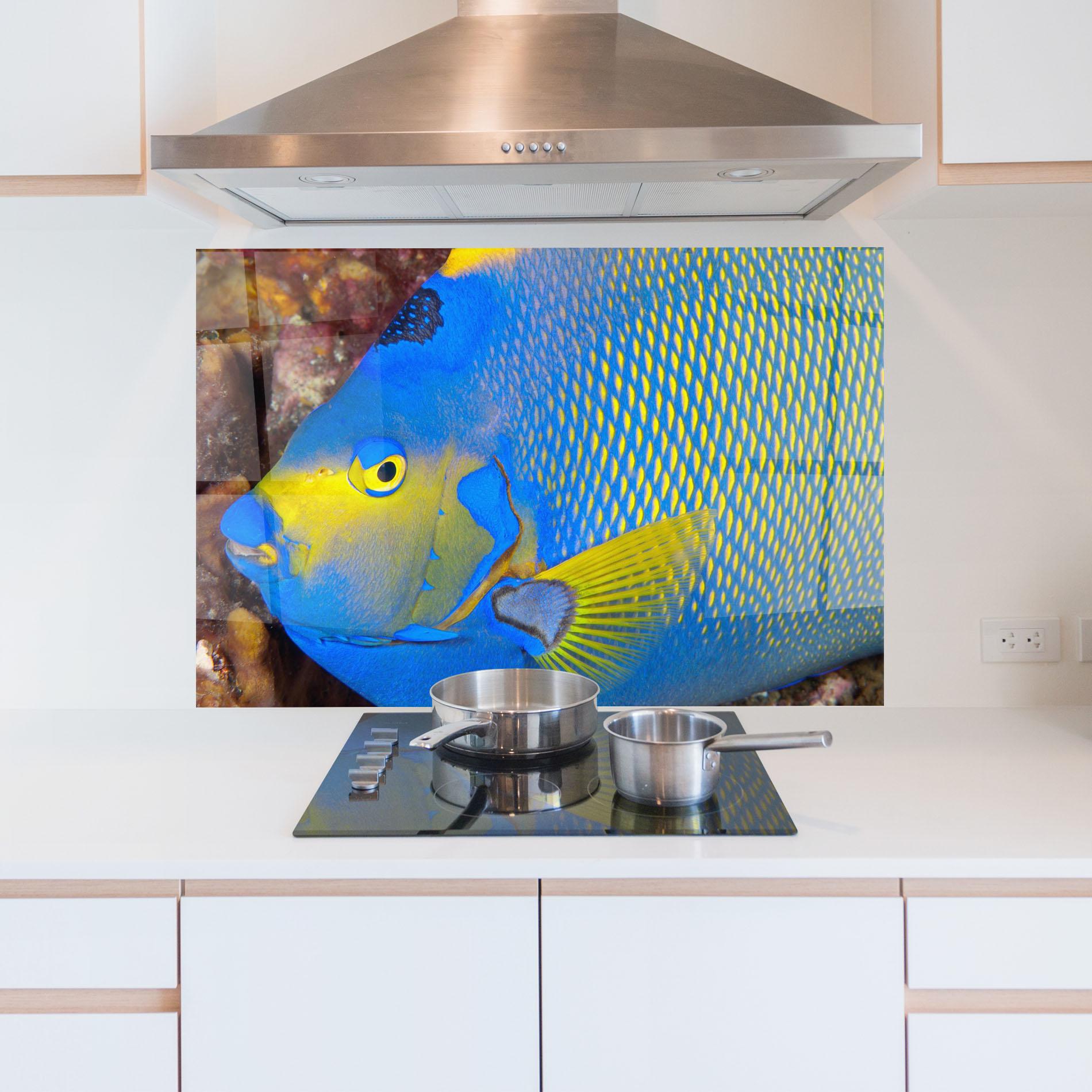 Panou Sticla Bucatarie Blue Yellow Fish mockup 5