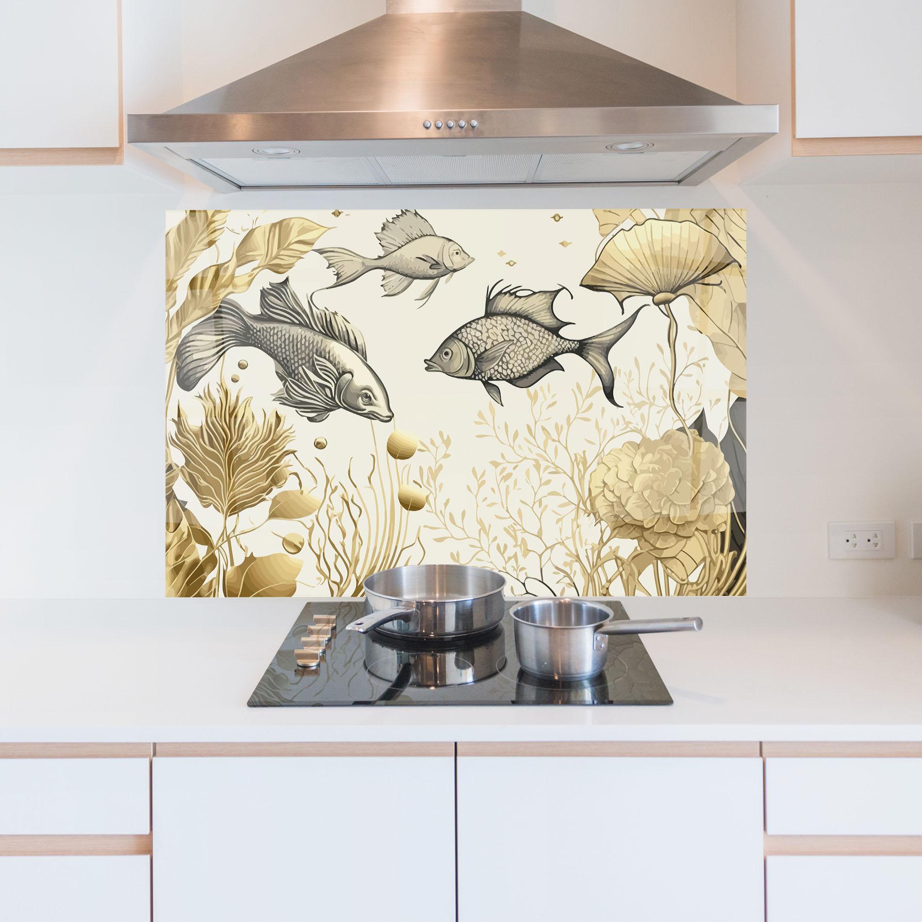 Panou Sticla Bucatarie Grey Gold Fish mockup 5
