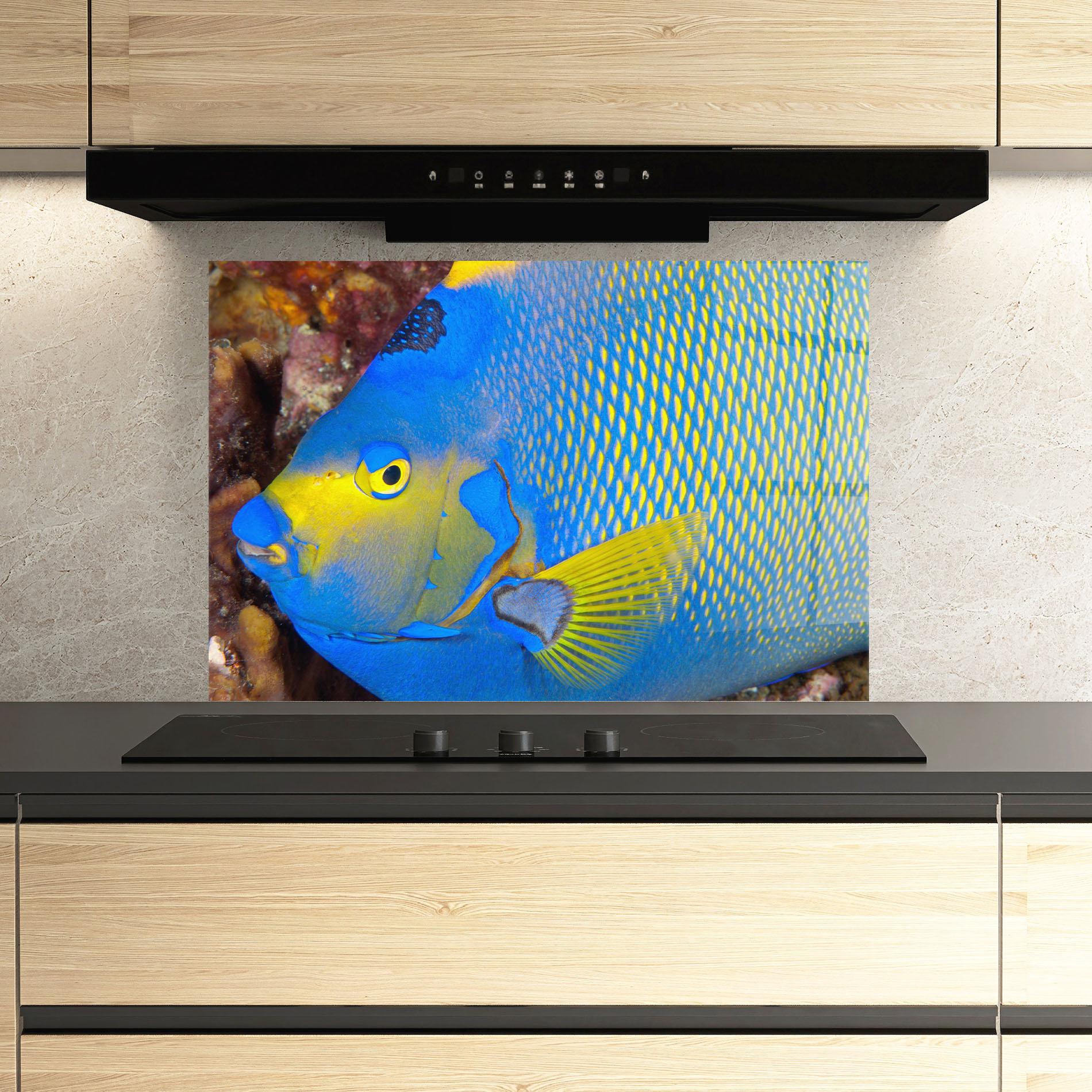 Panou Sticla Bucatarie Blue Yellow Fish mockup 3