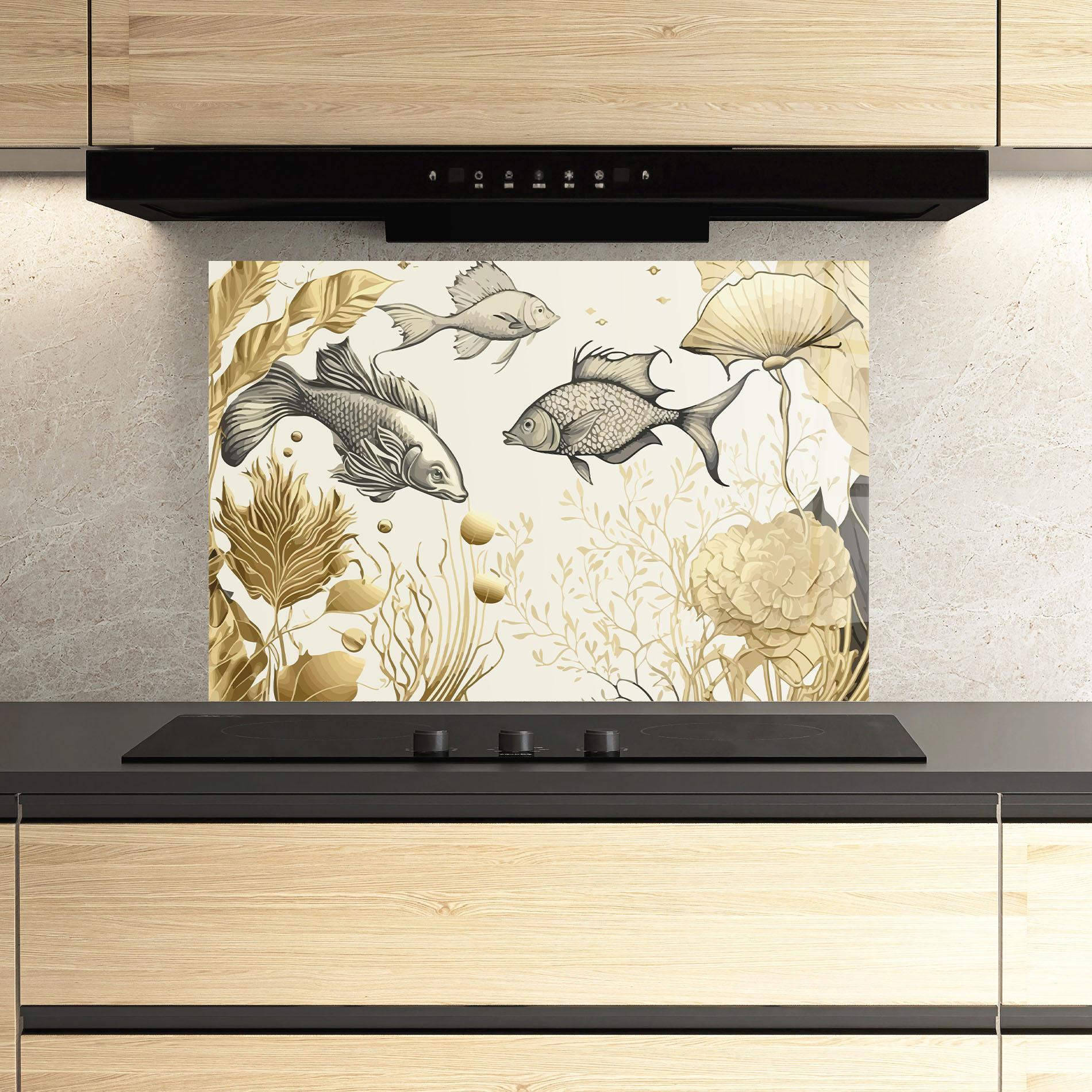 Panou Sticla Bucatarie Grey Gold Fish mockup 3