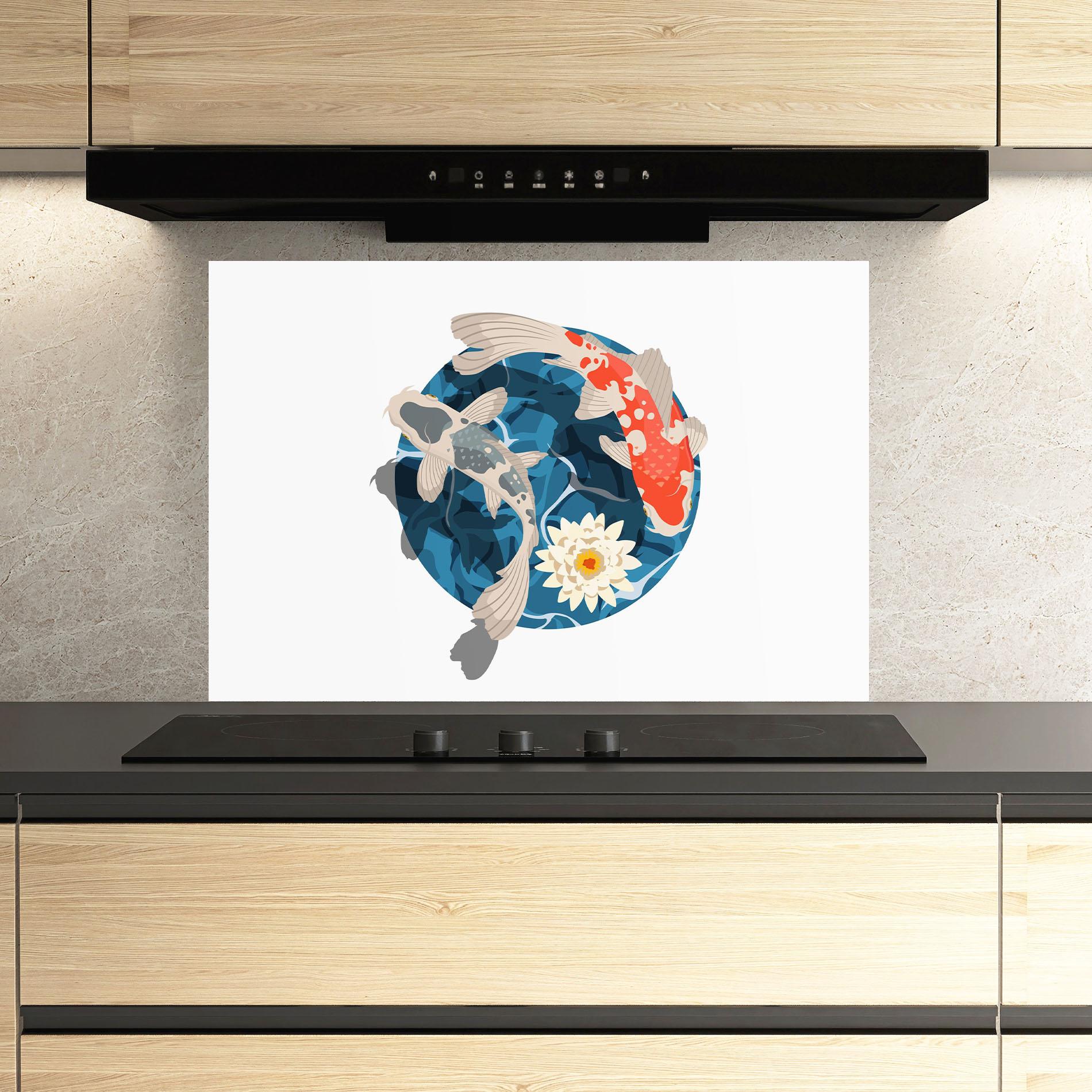 Panou Sticla Bucatarie Grey Orange Koi mockup 3