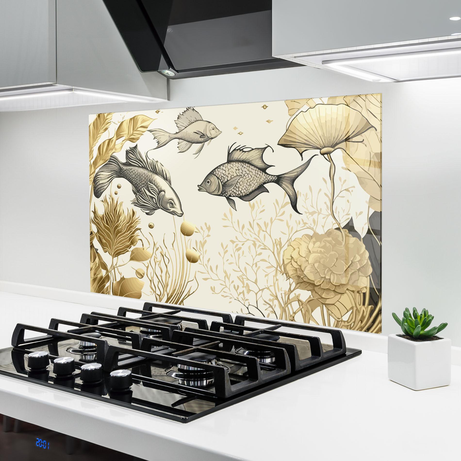 Panou Sticla Bucatarie Grey Gold Fish mockup 6