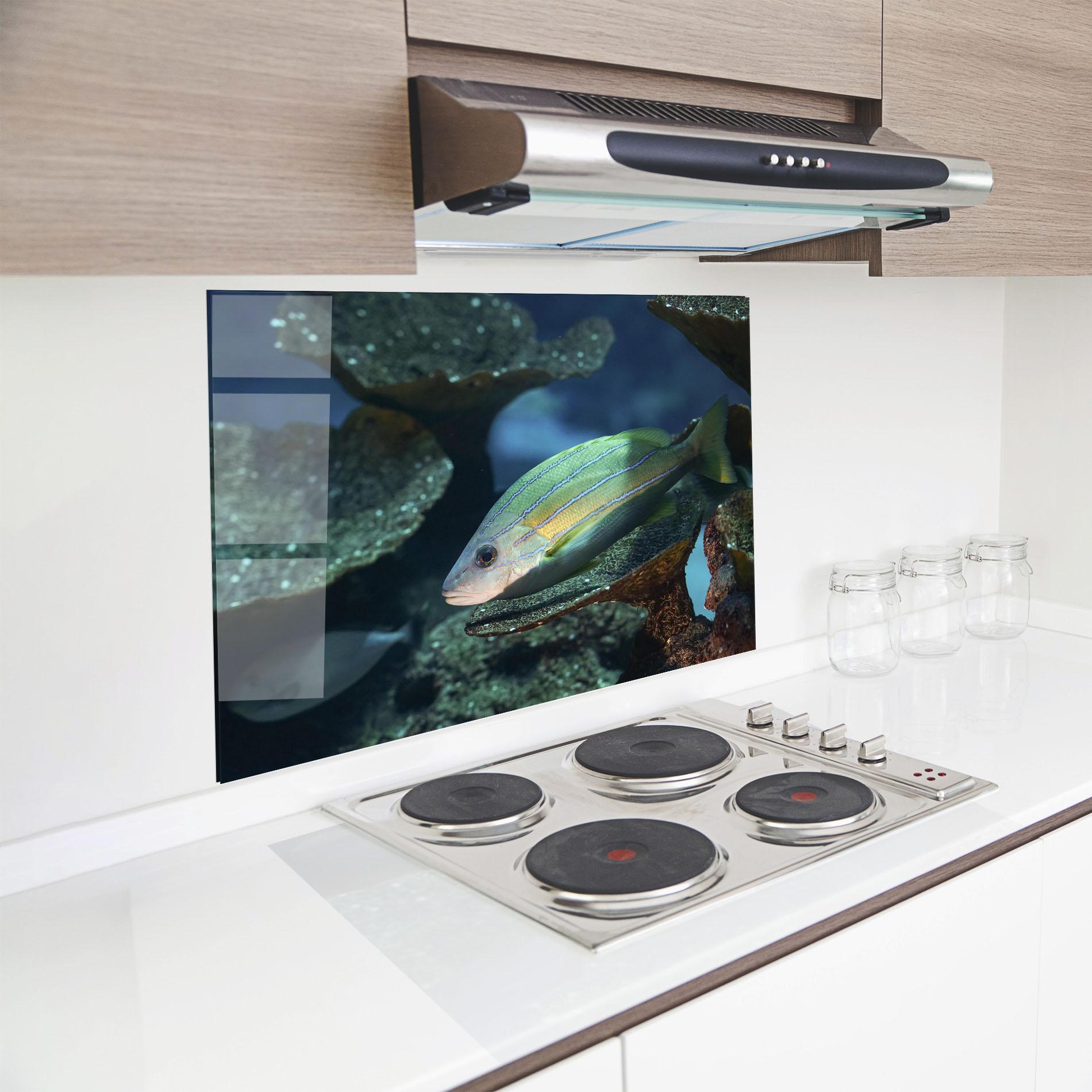 Panou Sticla Bucatarie Green Gold Fish mockup 8