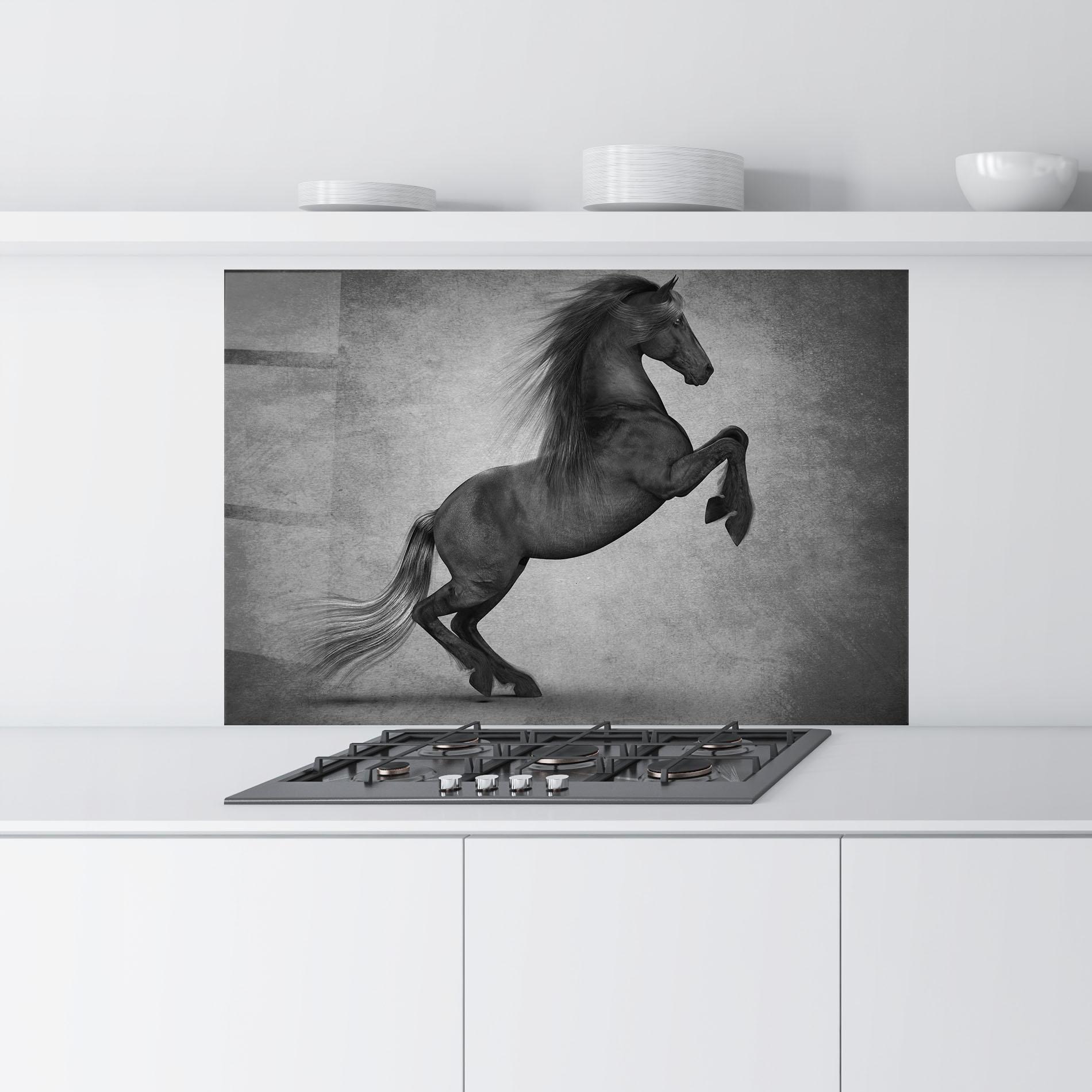 Panou Sticla Bucatarie Black Horse Jumping mockup 9