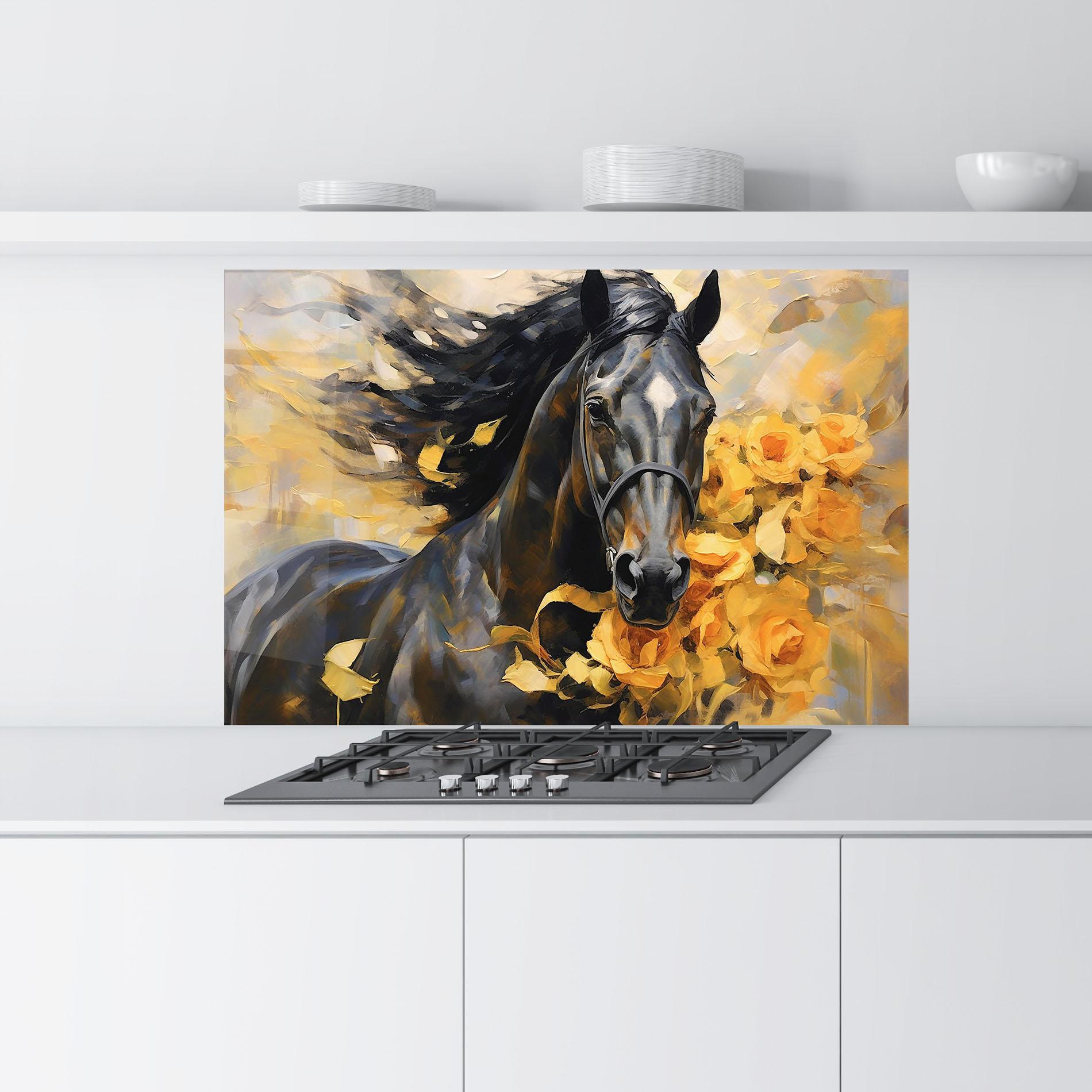 Panou Sticla Bucatarie Yellow Roses Horse mockup 9