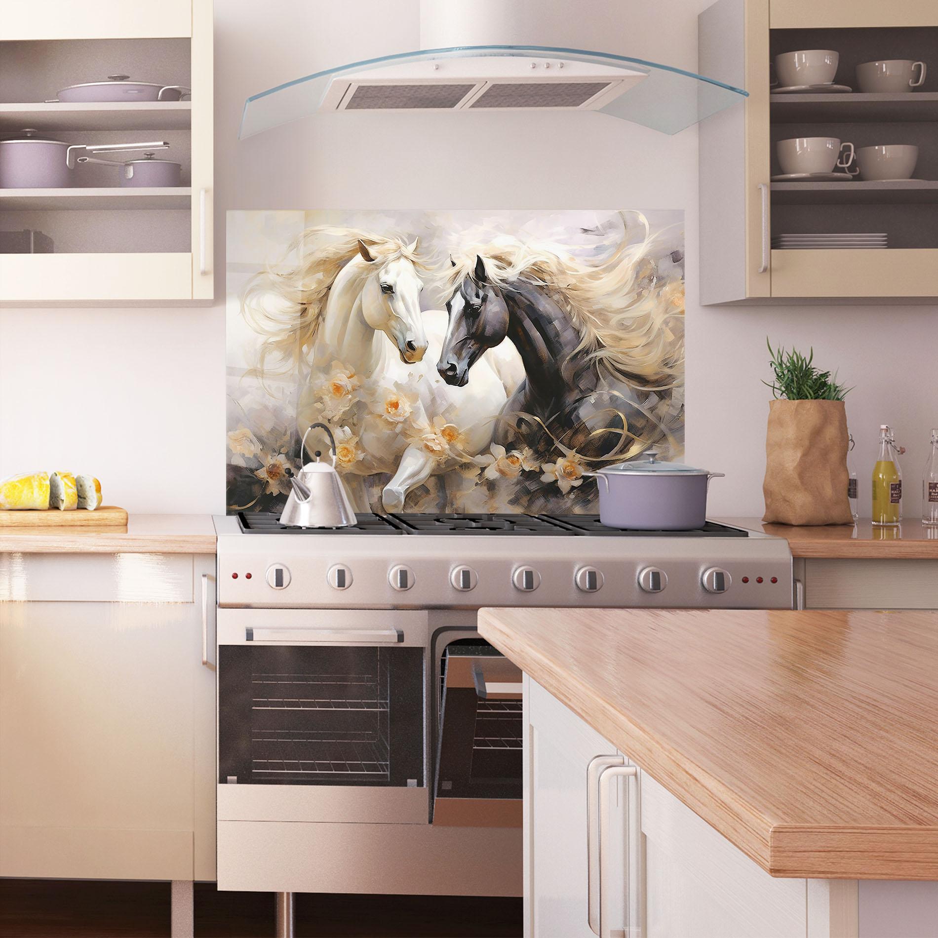 Panou Sticla Bucatarie Black And White Horses mockup 1