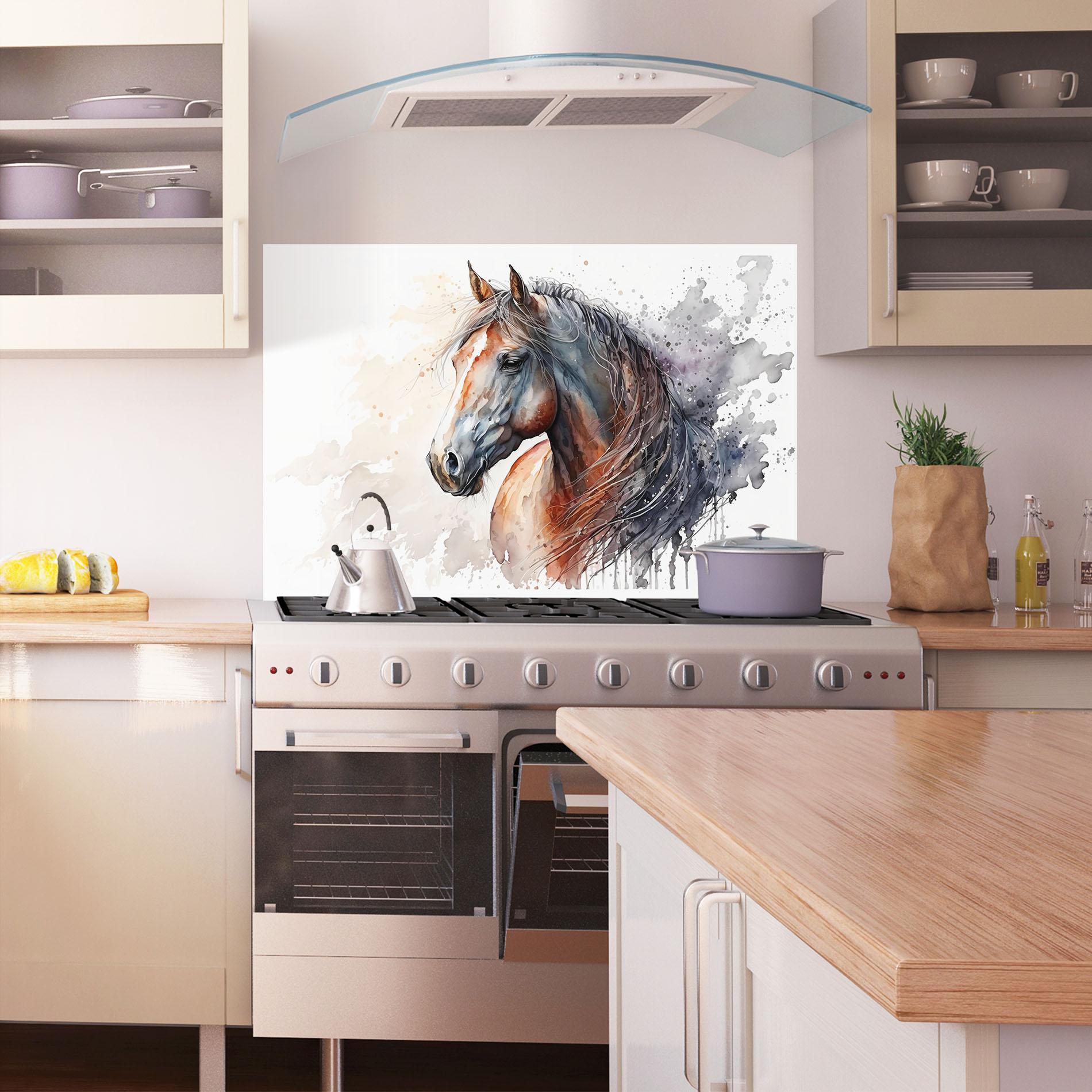 Panou Sticla Bucatarie Black Brown Horse Painting mockup 1