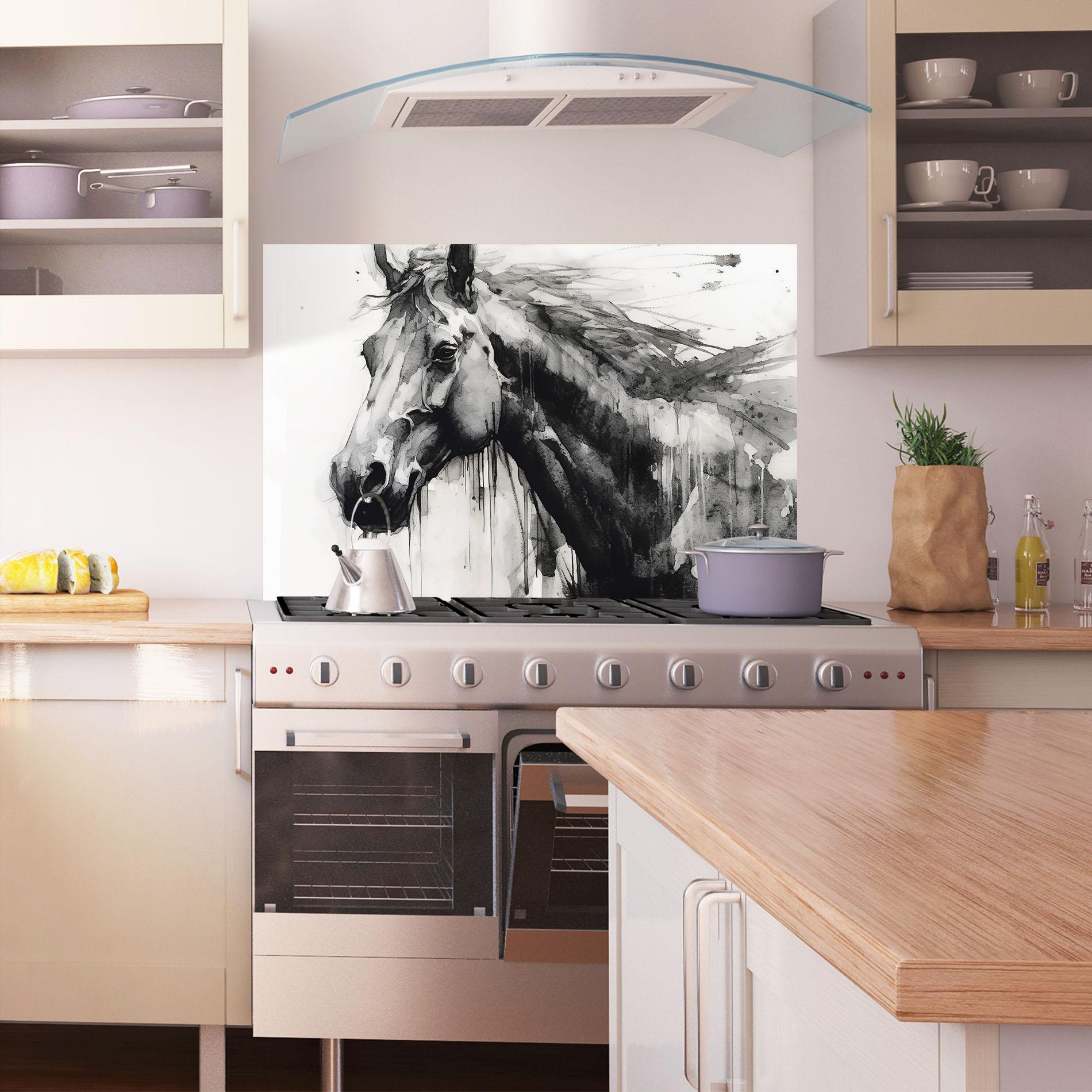 Panou Sticla Bucatarie Black Horse Painting mockup 1