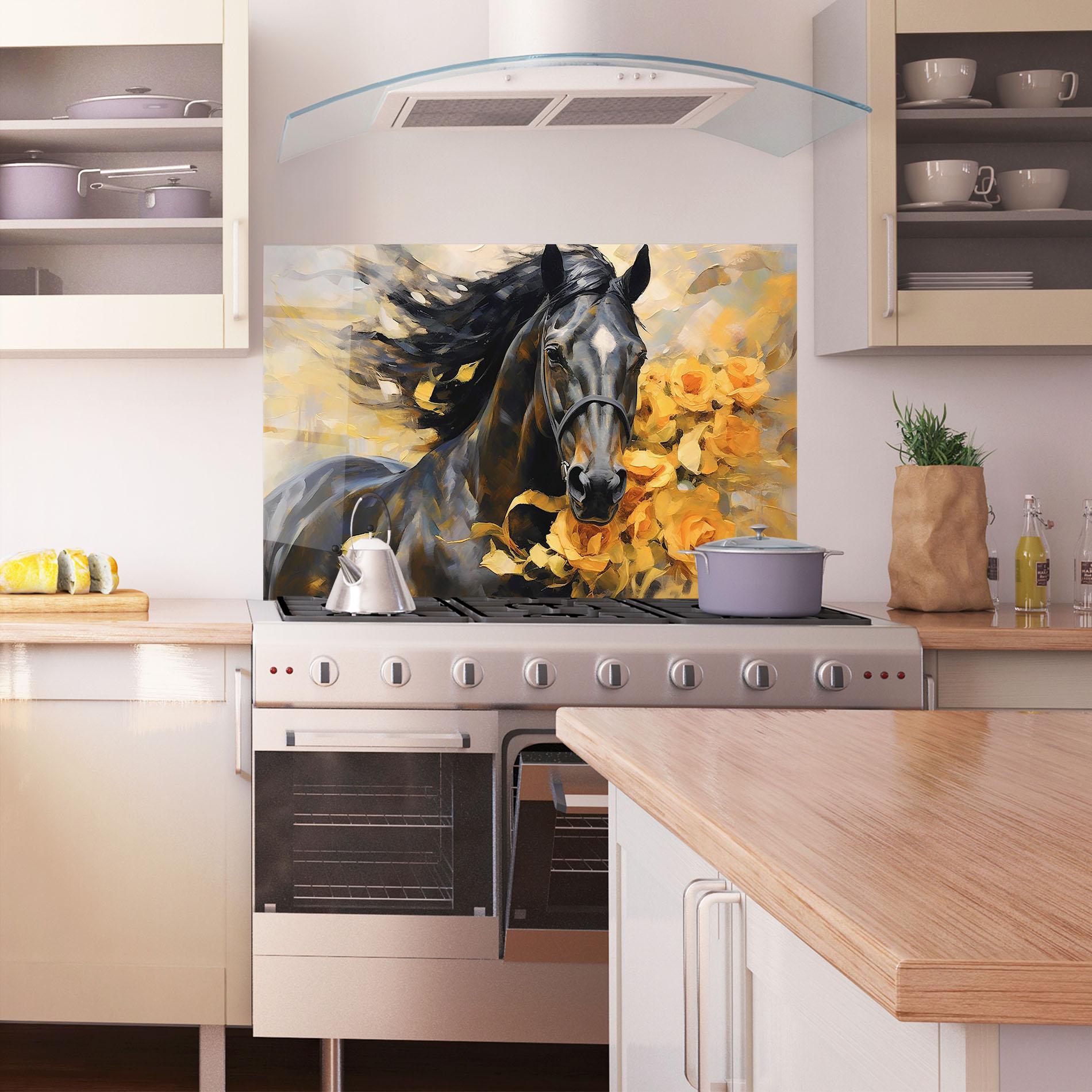 Panou Sticla Bucatarie Yellow Roses Horse mockup 1