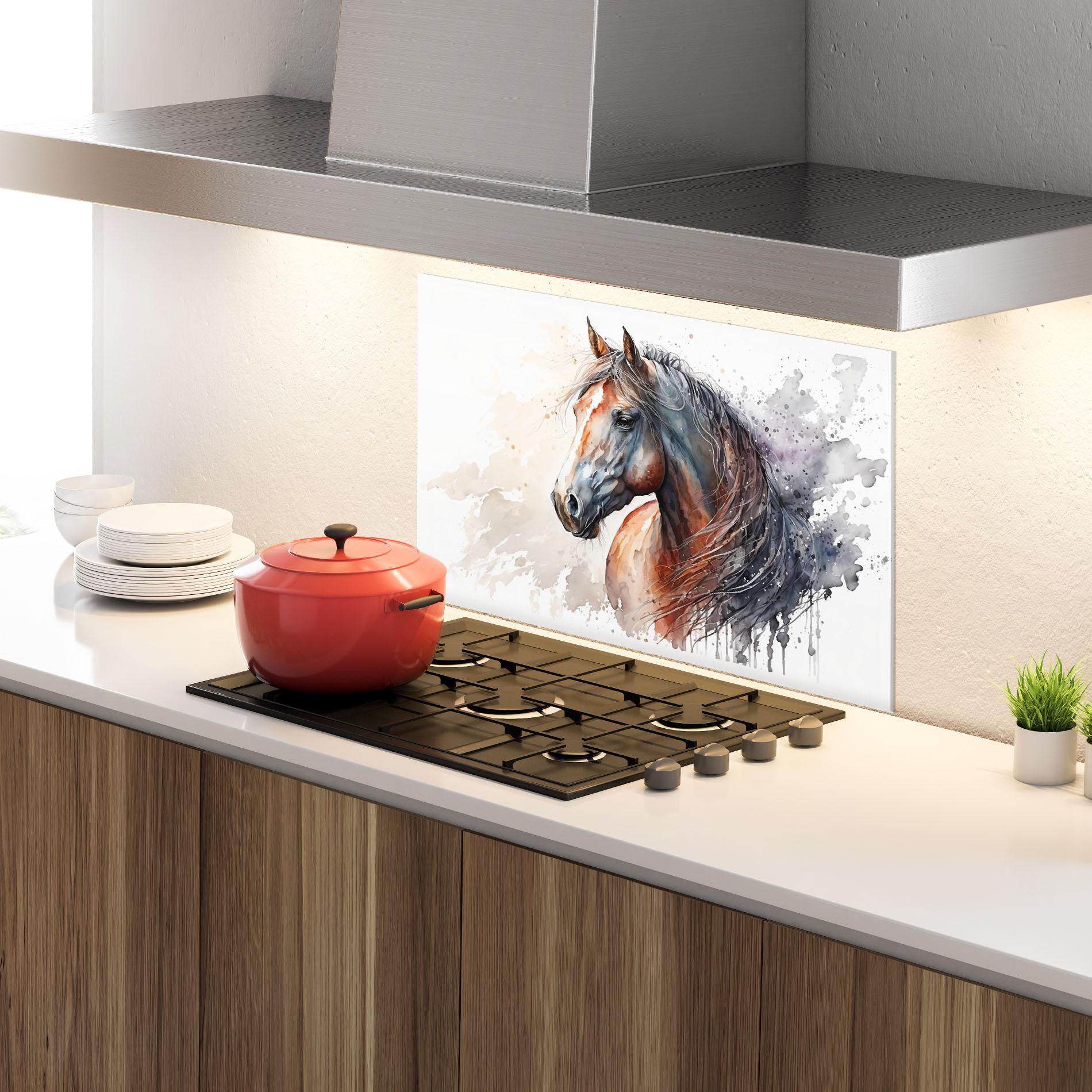 Panou Sticla Bucatarie Black Brown Horse Painting mockup 4