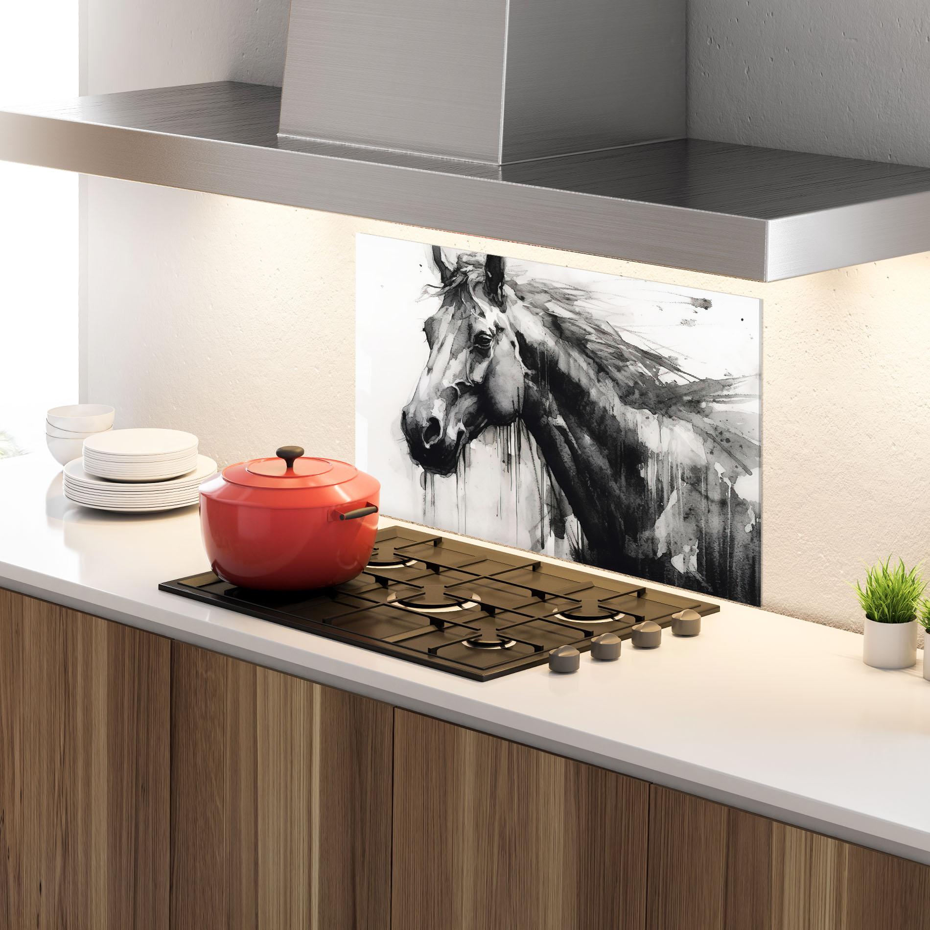 Panou Sticla Bucatarie Black Horse Painting mockup 4