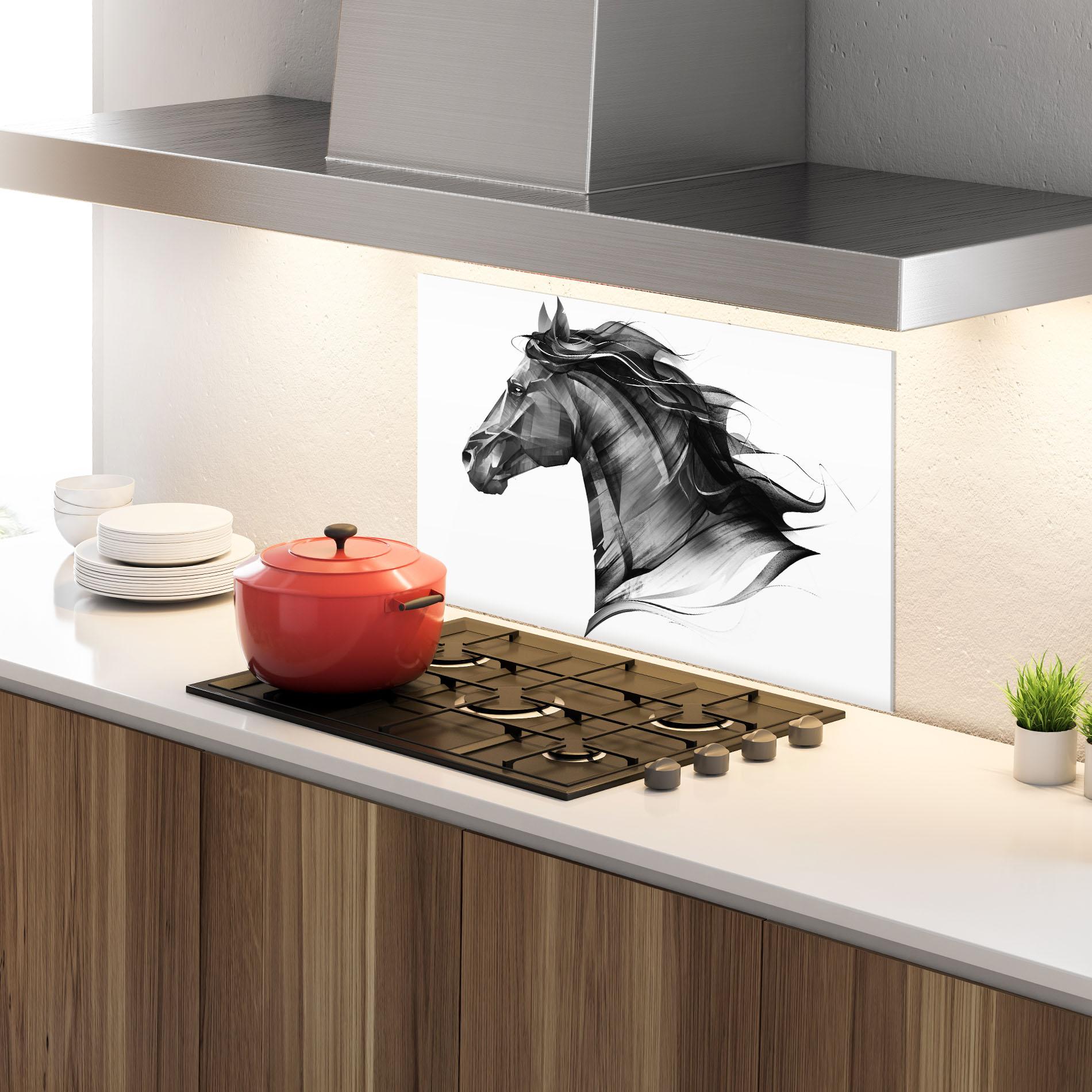 Panou Sticla Bucatarie Black Portrait Horse mockup 4