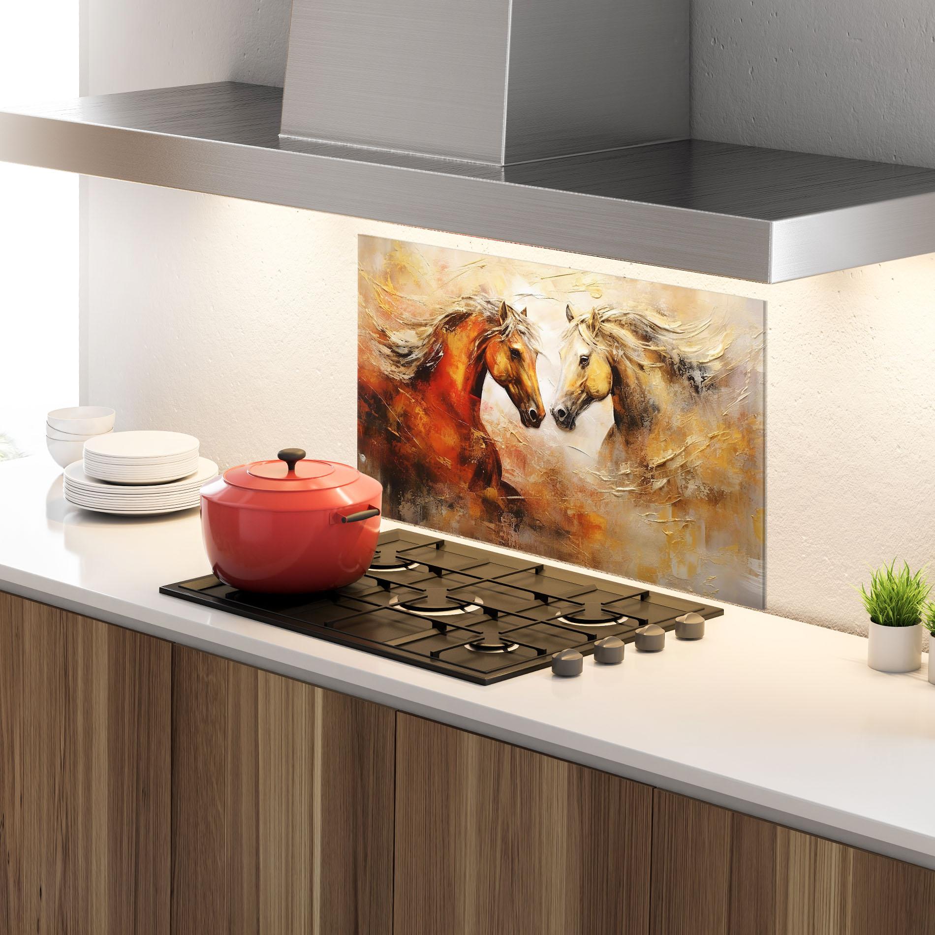 Panou Sticla Bucatarie Red Yellow Horses mockup 4