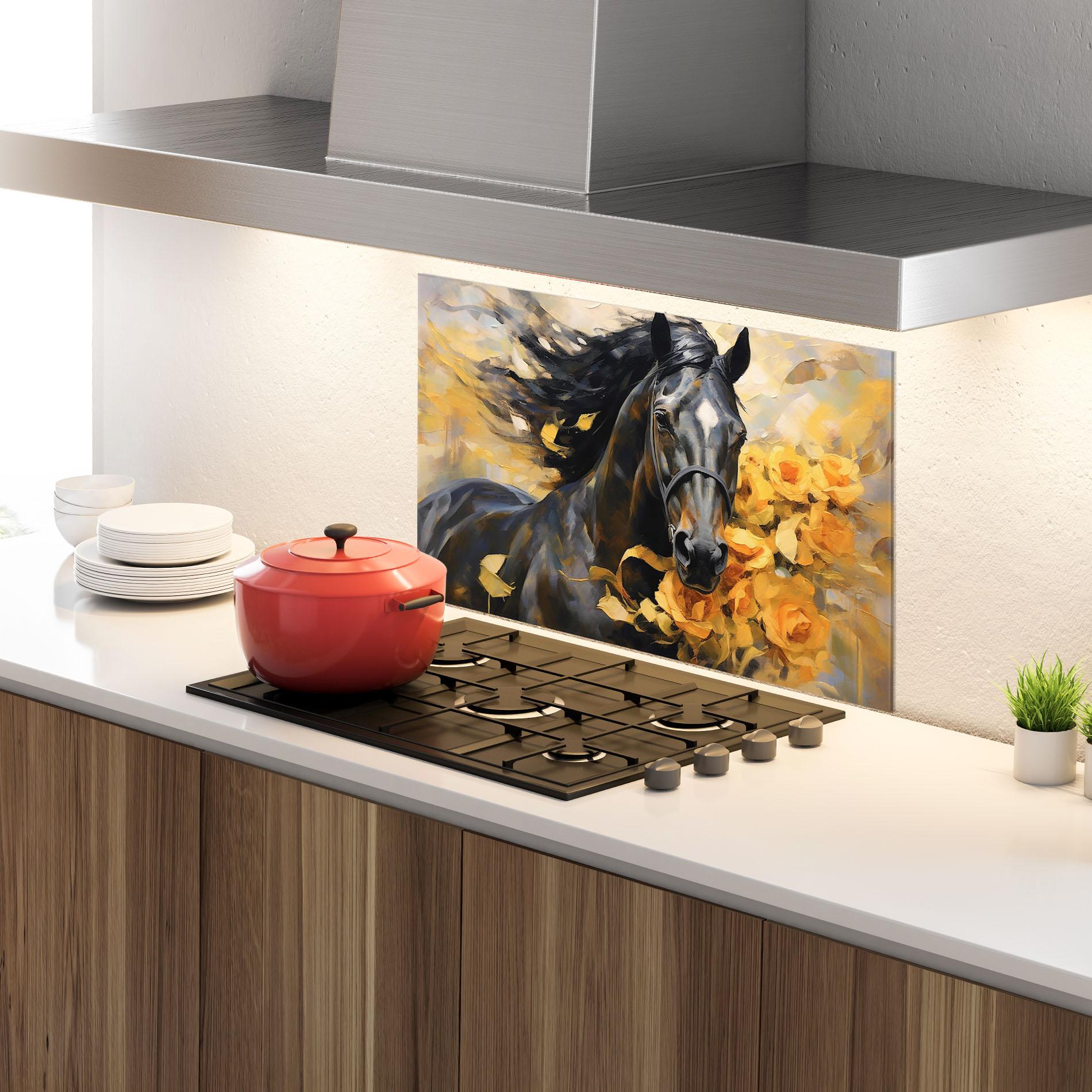 Panou Sticla Bucatarie Yellow Roses Horse mockup 4