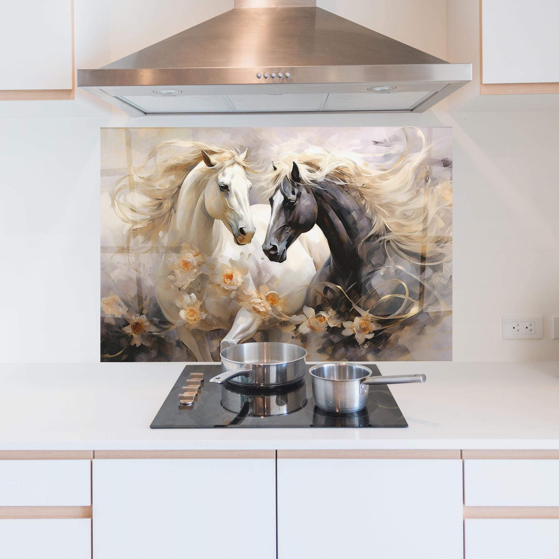 Panou Sticla Bucatarie Black And White Horses mockup 5