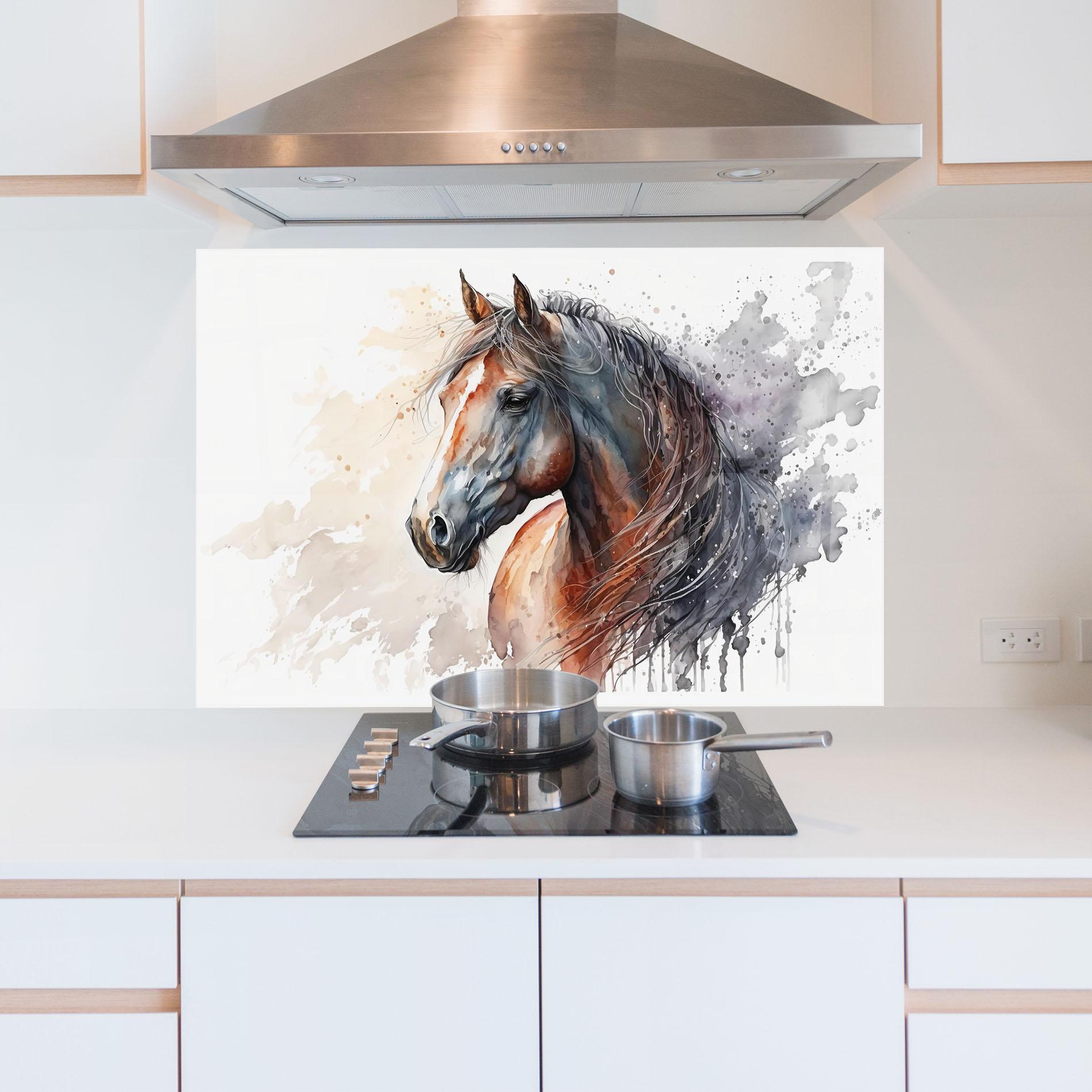 Panou Sticla Bucatarie Black Brown Horse Painting mockup 5