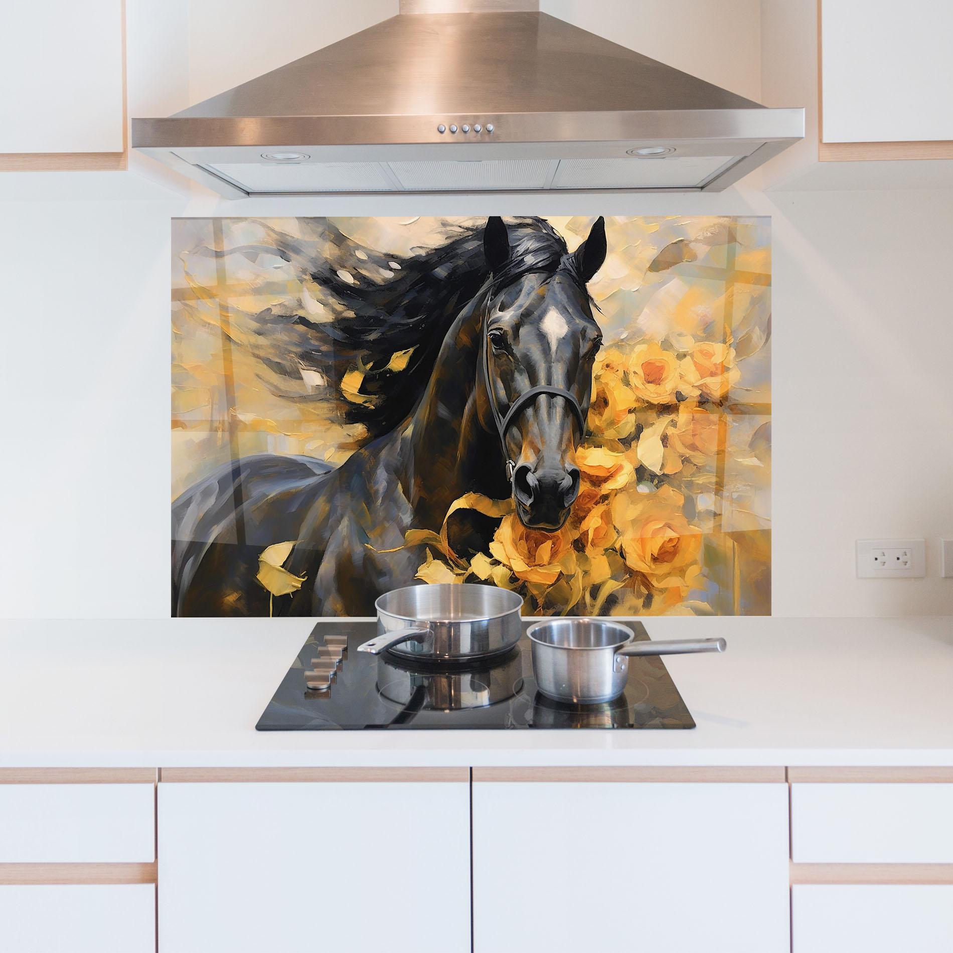 Panou Sticla Bucatarie Yellow Roses Horse mockup 5