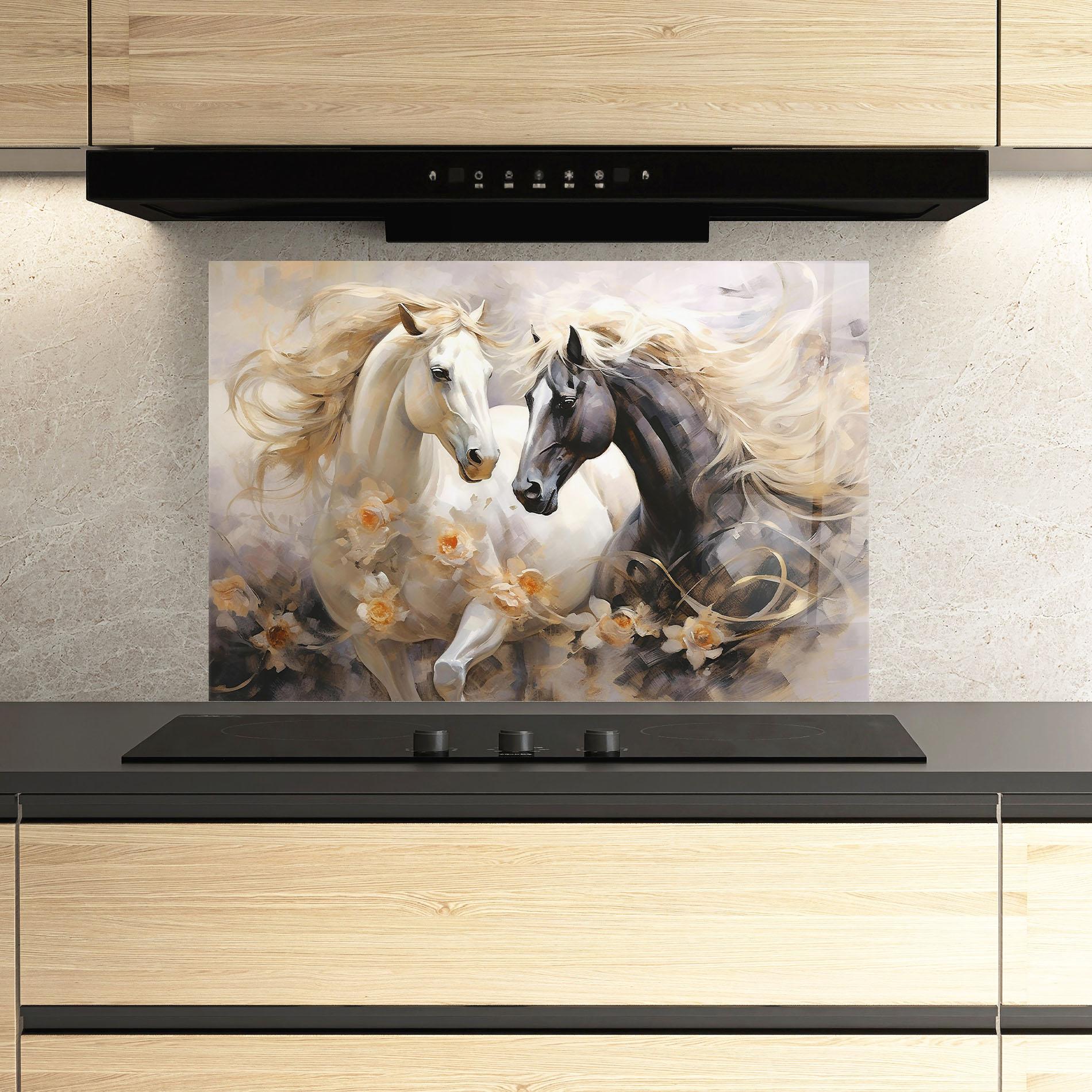 Panou Sticla Bucatarie Black And White Horses mockup 3