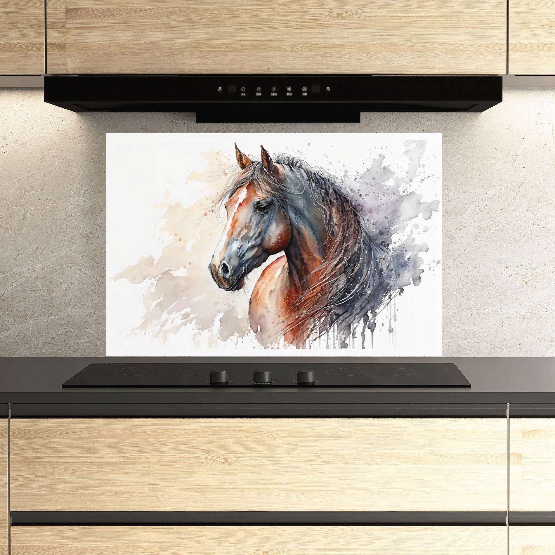 Panou Sticla Bucatarie Black Brown Horse Painting mockup 3