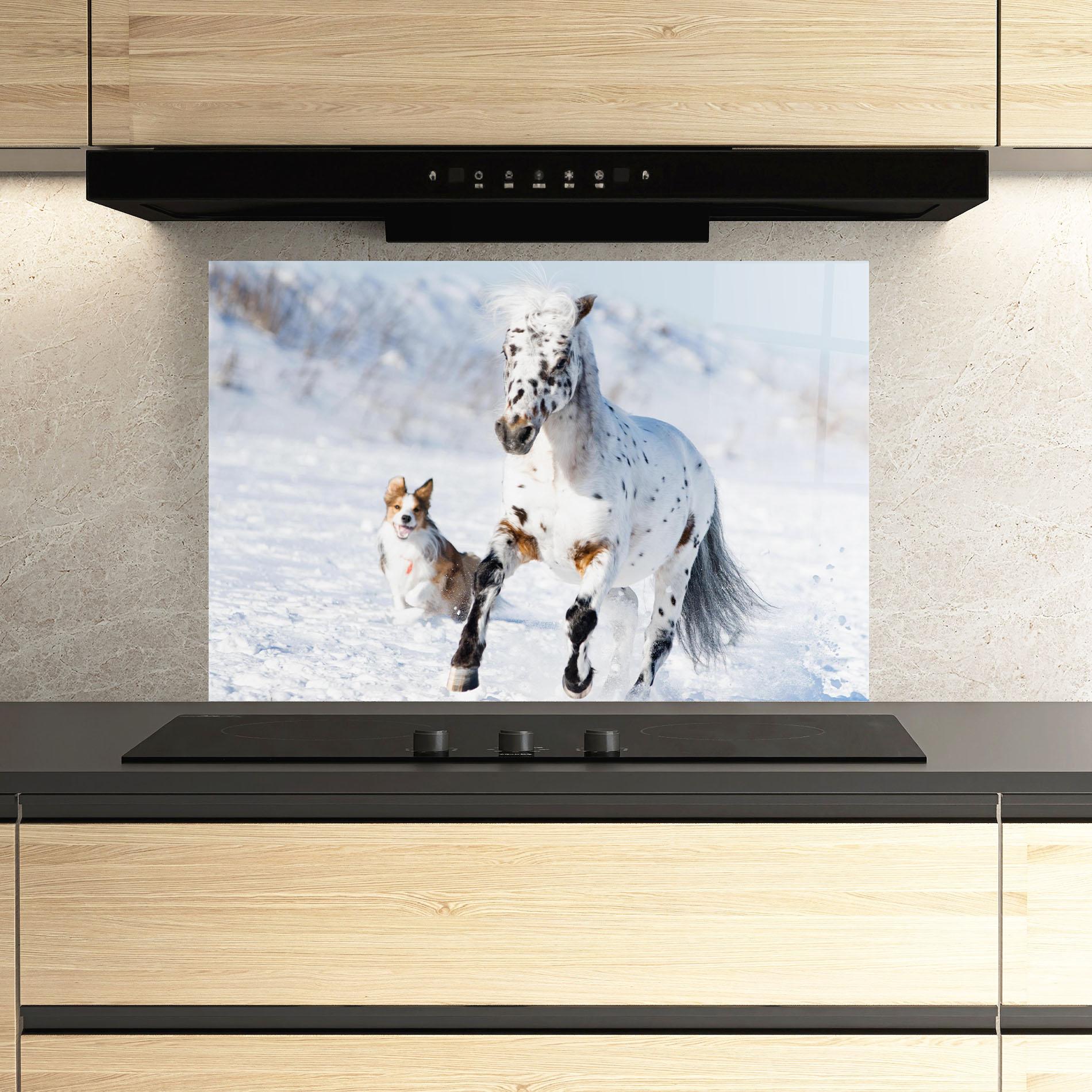 Panou Sticla Bucatarie Dog And Horse Running mockup 3