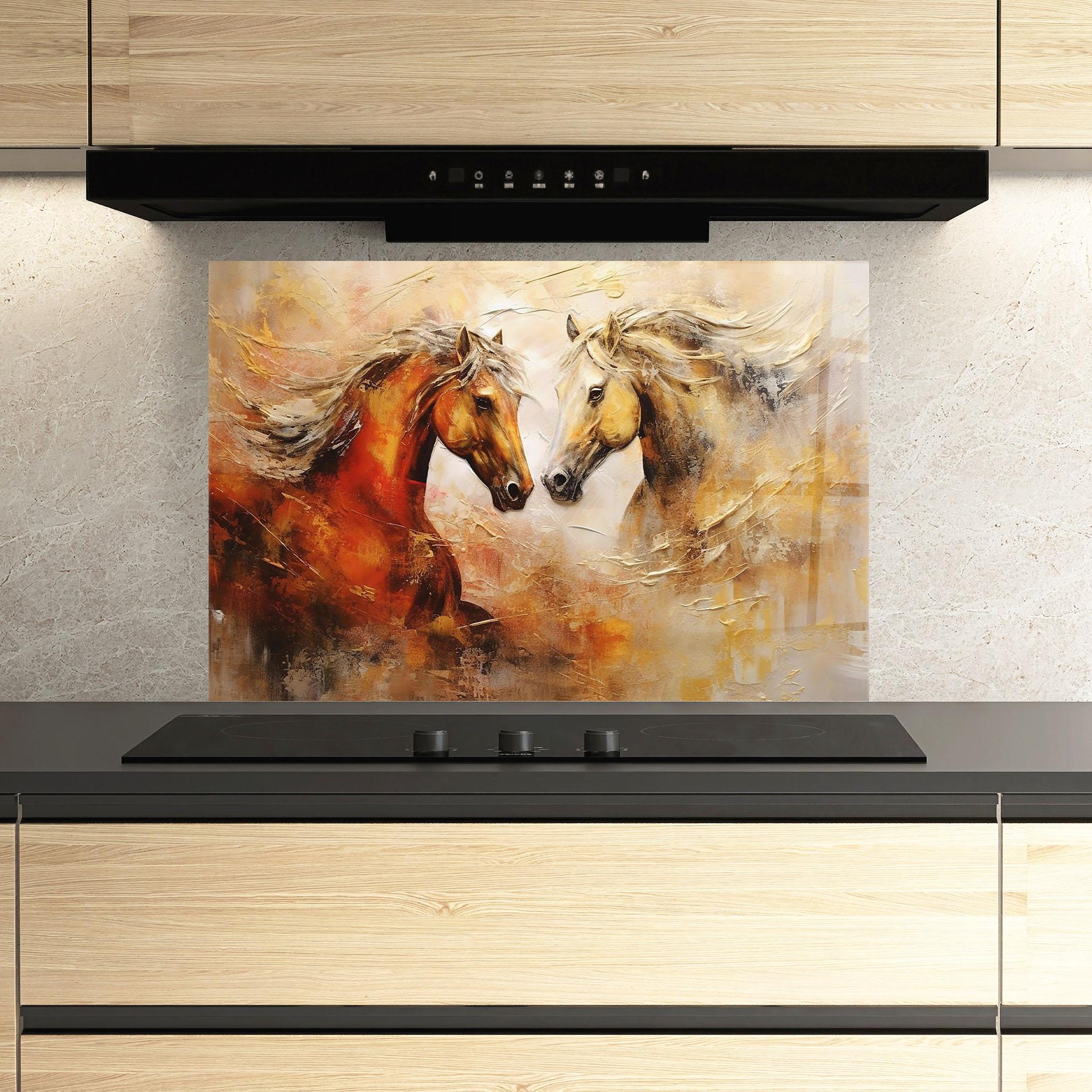 Panou Sticla Bucatarie Red Yellow Horses mockup 3