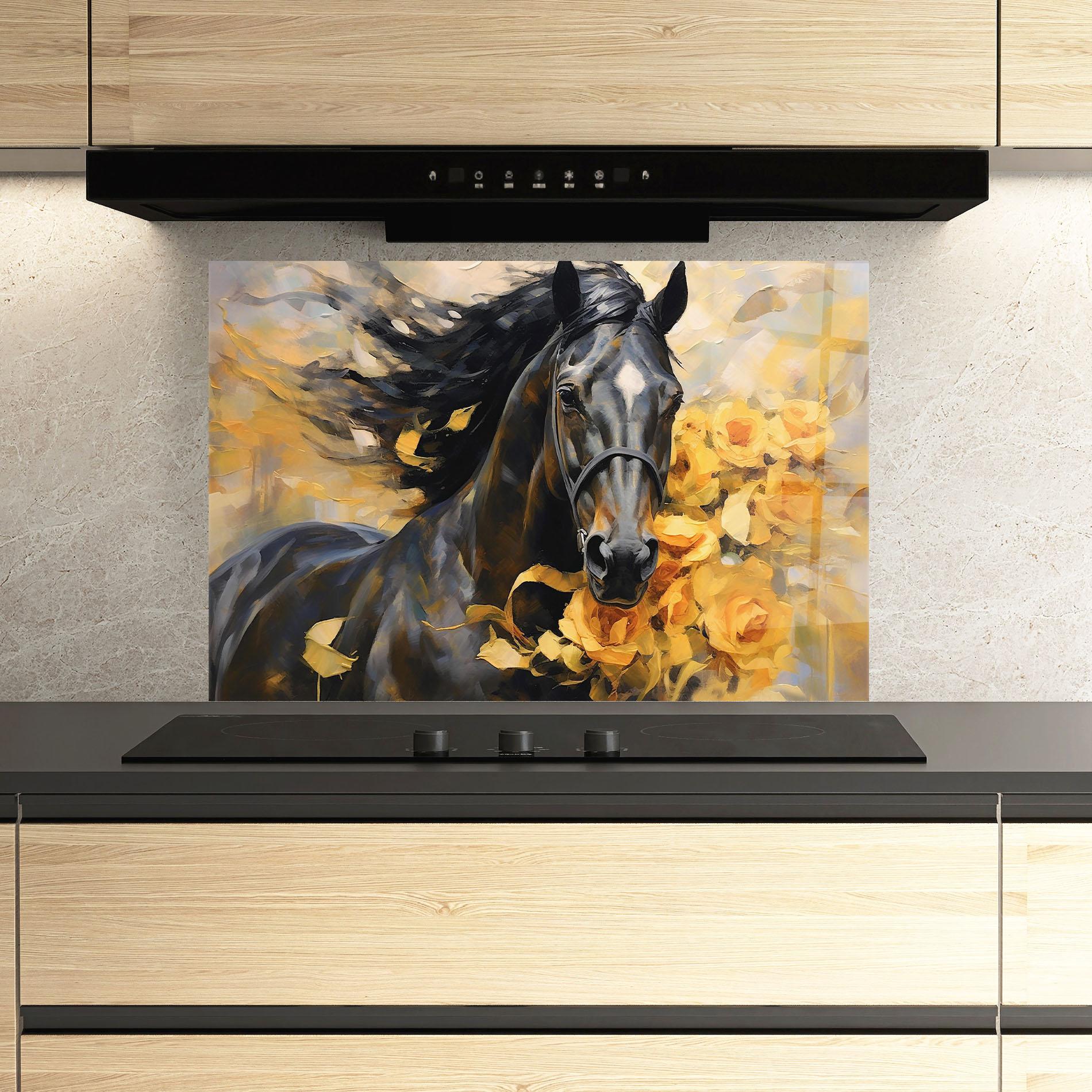 Panou Sticla Bucatarie Yellow Roses Horse mockup 3