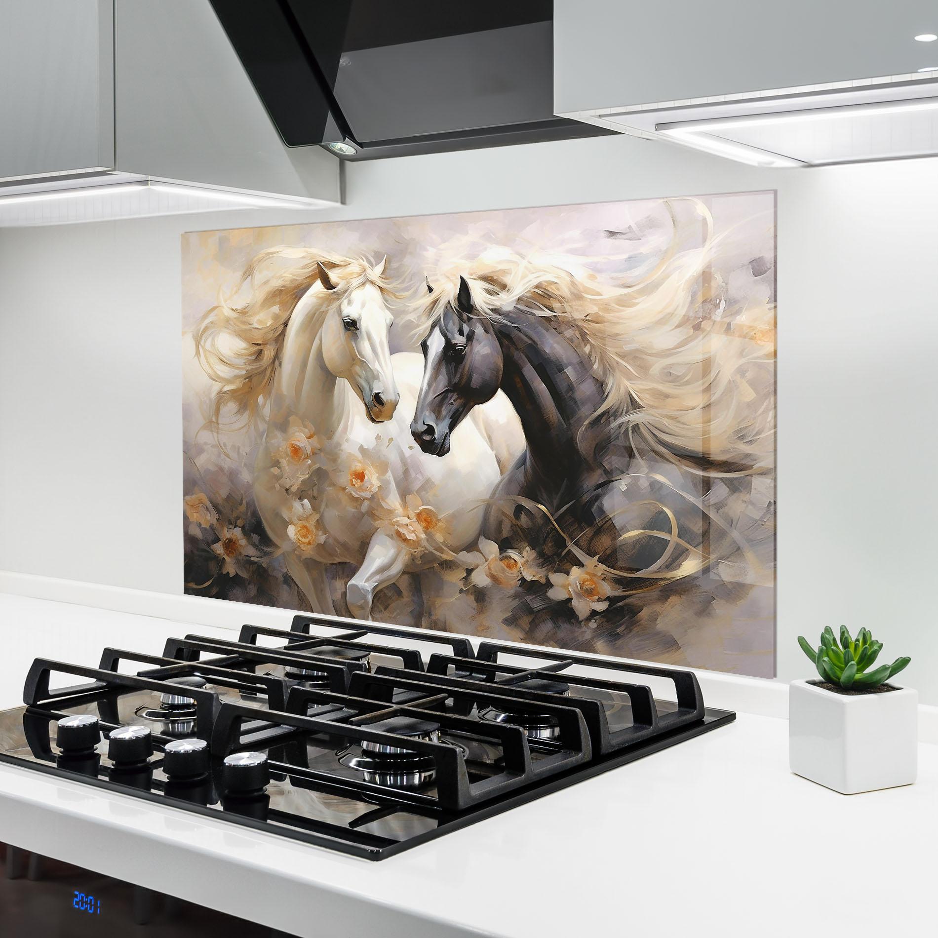 Panou Sticla Bucatarie Black And White Horses mockup 6
