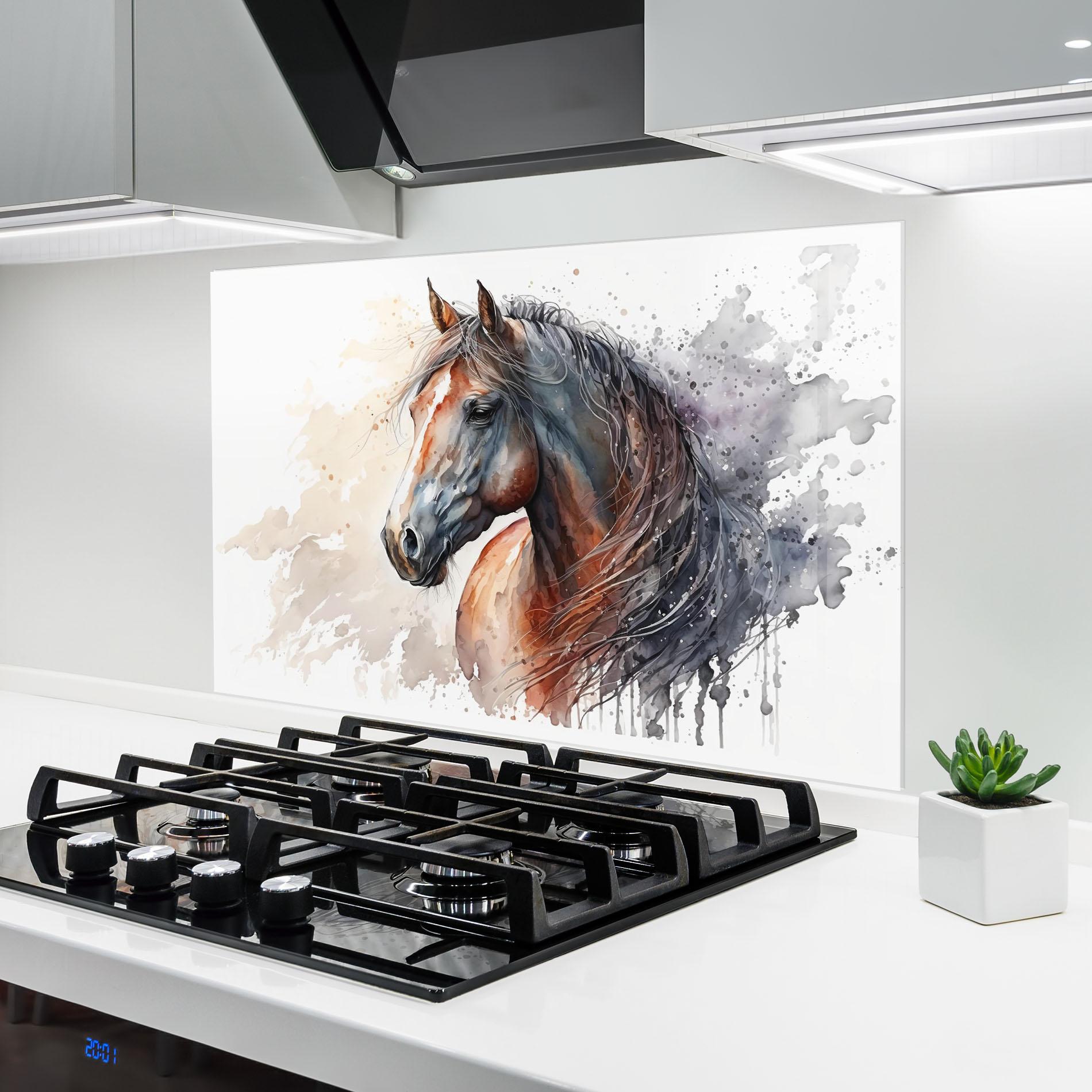 Panou Sticla Bucatarie Black Brown Horse Painting mockup 6