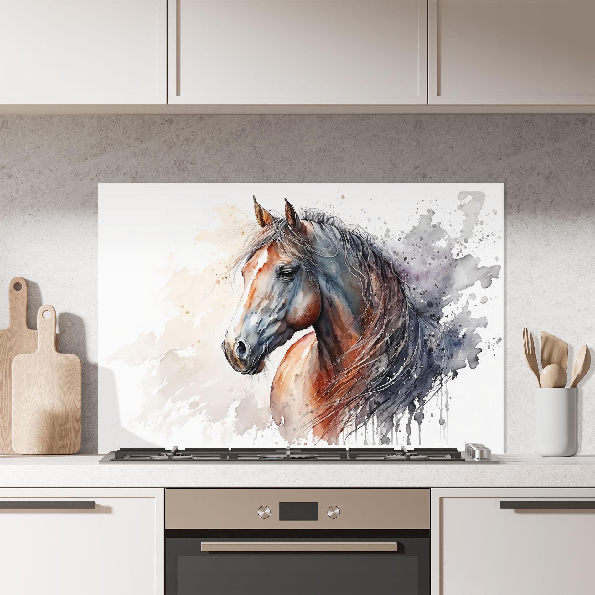 Panou Sticla Bucatarie Black Brown Horse Painting mockup 7