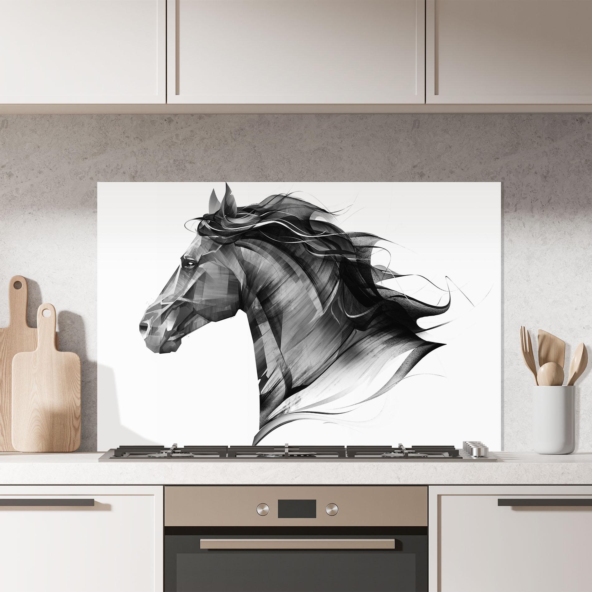 Panou Sticla Bucatarie Black Portrait Horse mockup 7