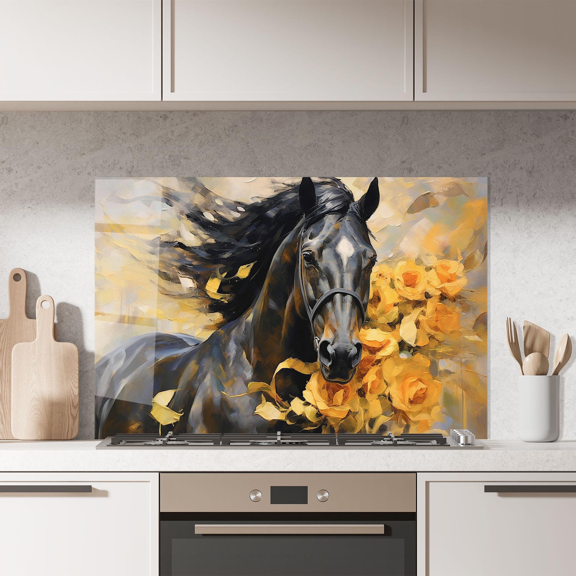 Panou Sticla Bucatarie Yellow Roses Horse mockup 7