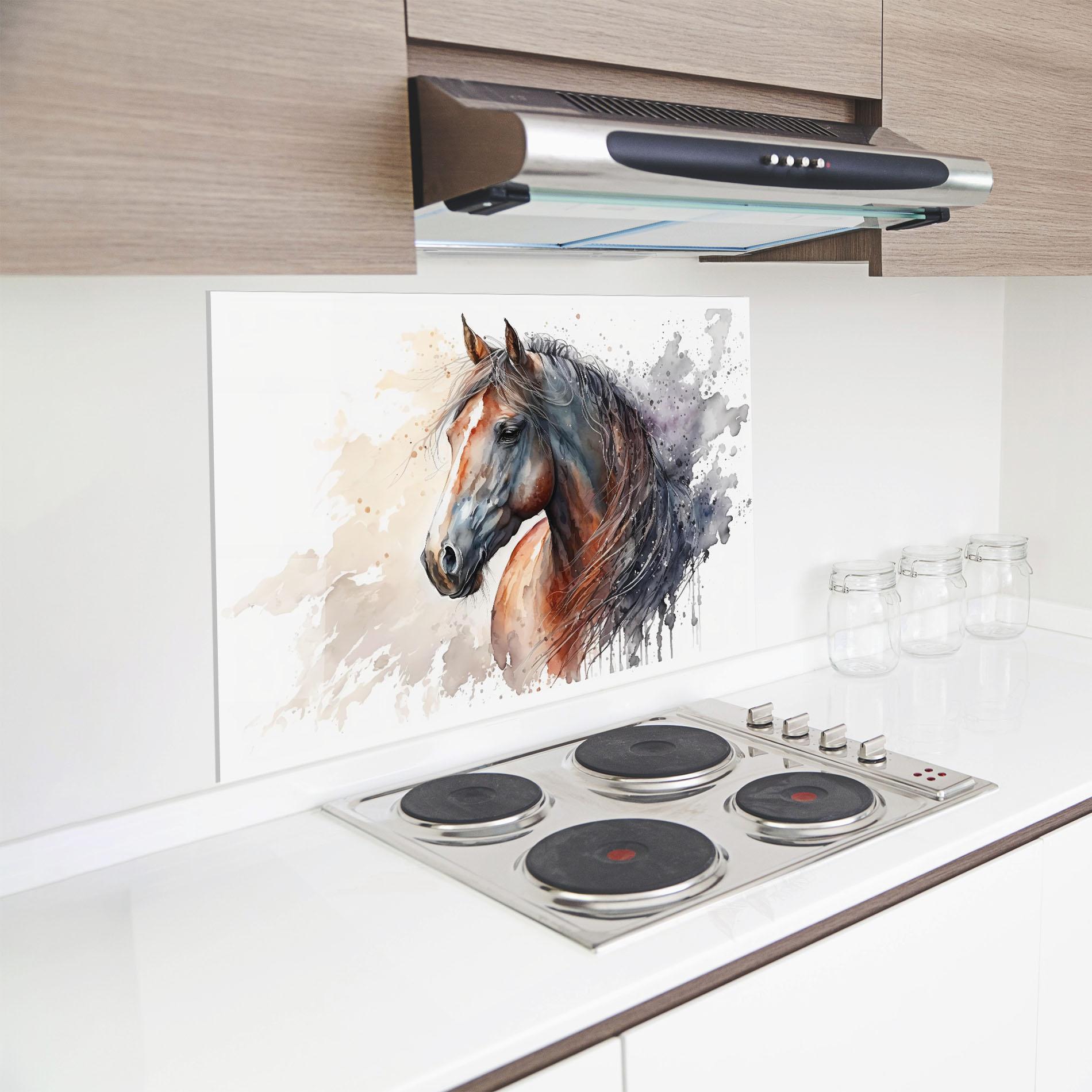 Panou Sticla Bucatarie Black Brown Horse Painting mockup 8