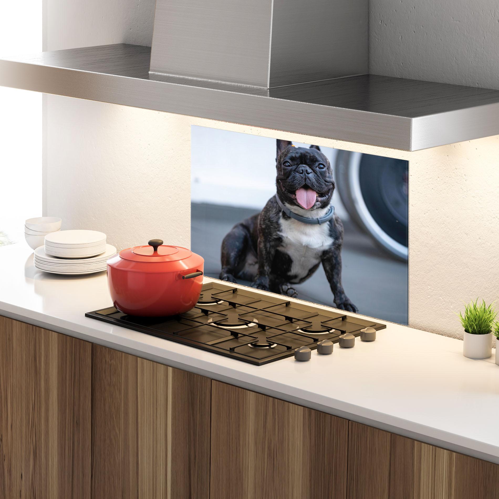 Panou Sticla Bucatarie Happy Black Dog mockup 4