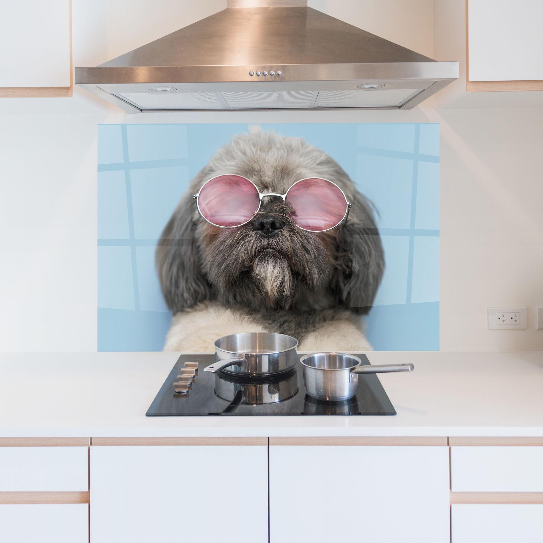 Panou Sticla Bucatarie Grey Dog On Blue mockup 5