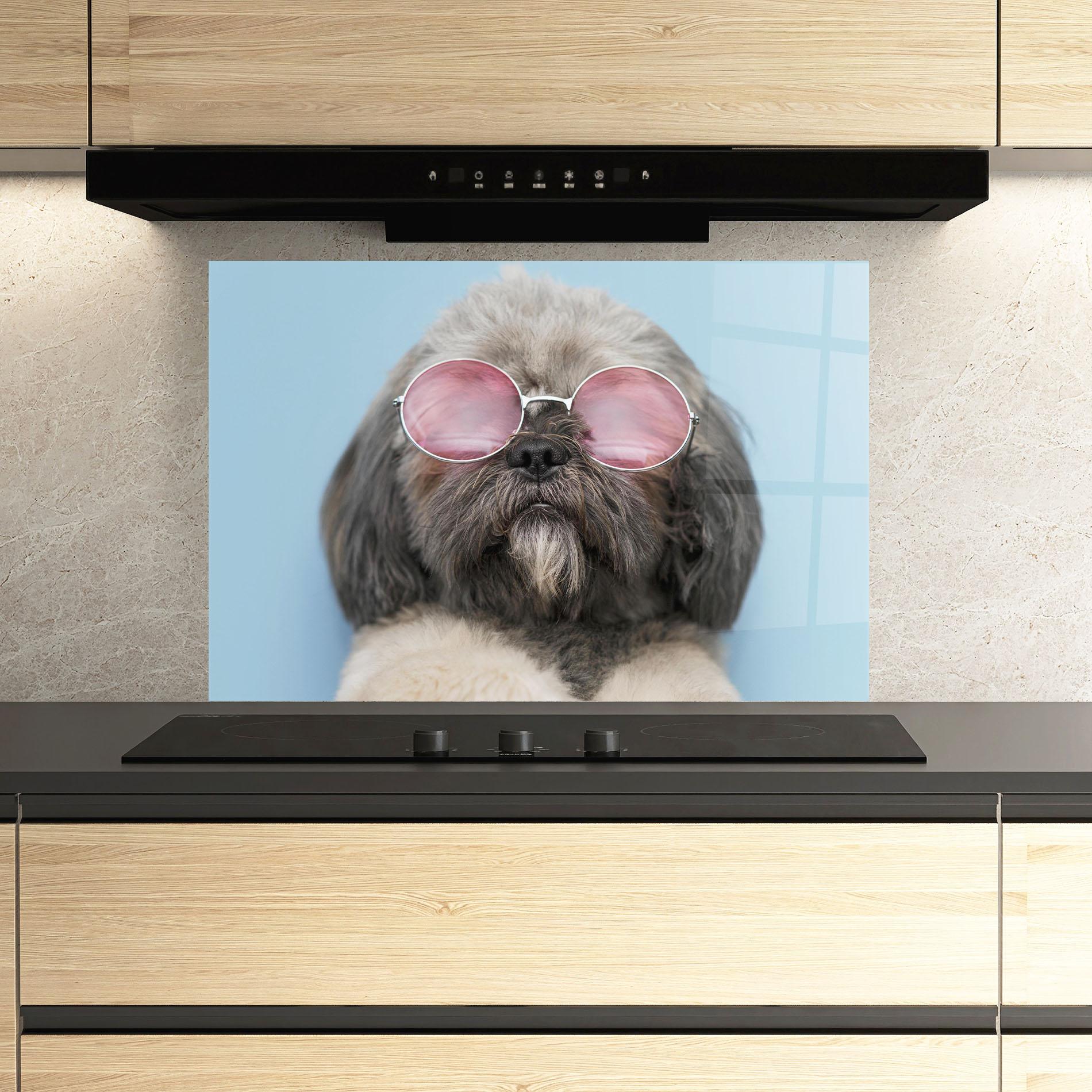 Panou Sticla Bucatarie Grey Dog On Blue mockup 3