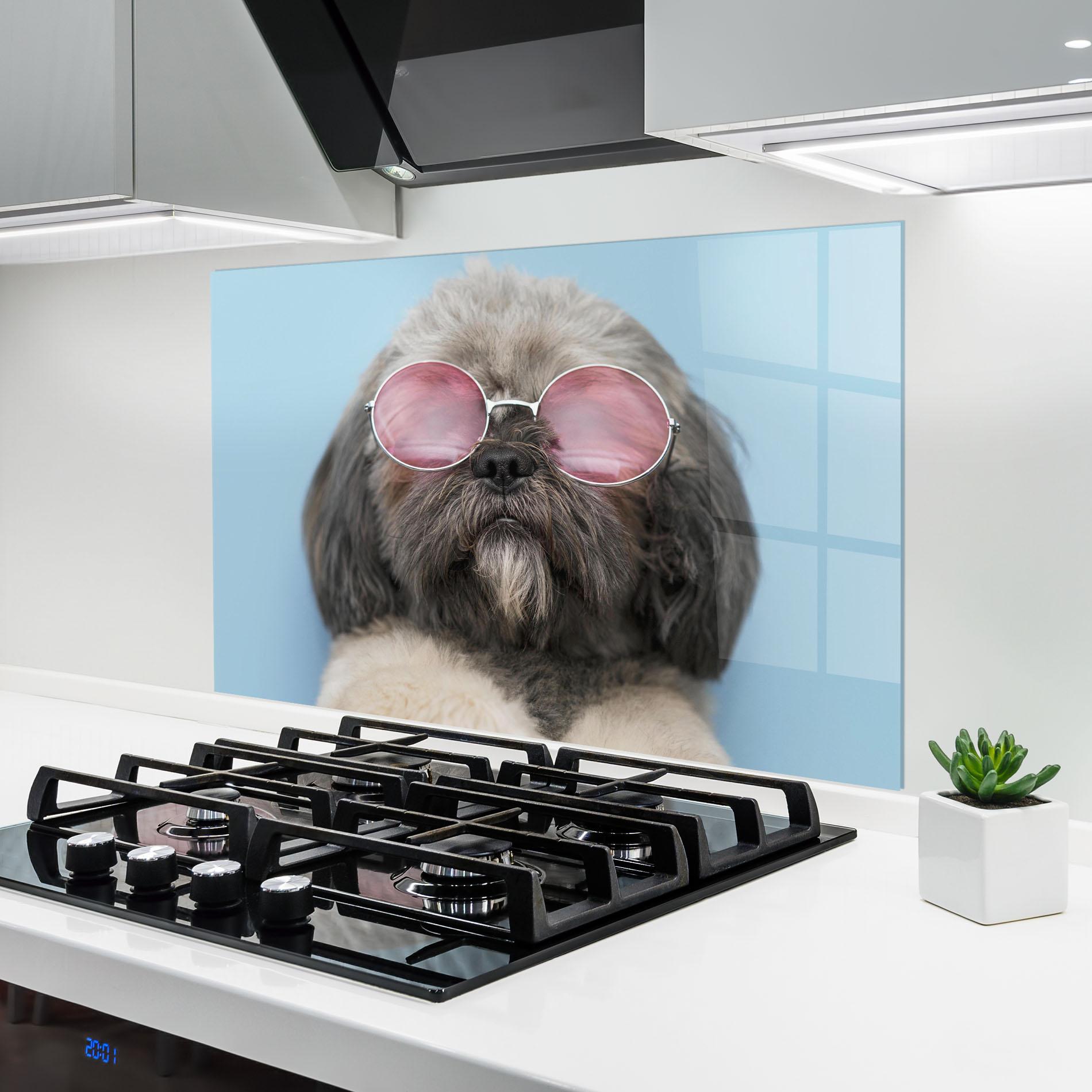 Panou Sticla Bucatarie Grey Dog On Blue mockup 6