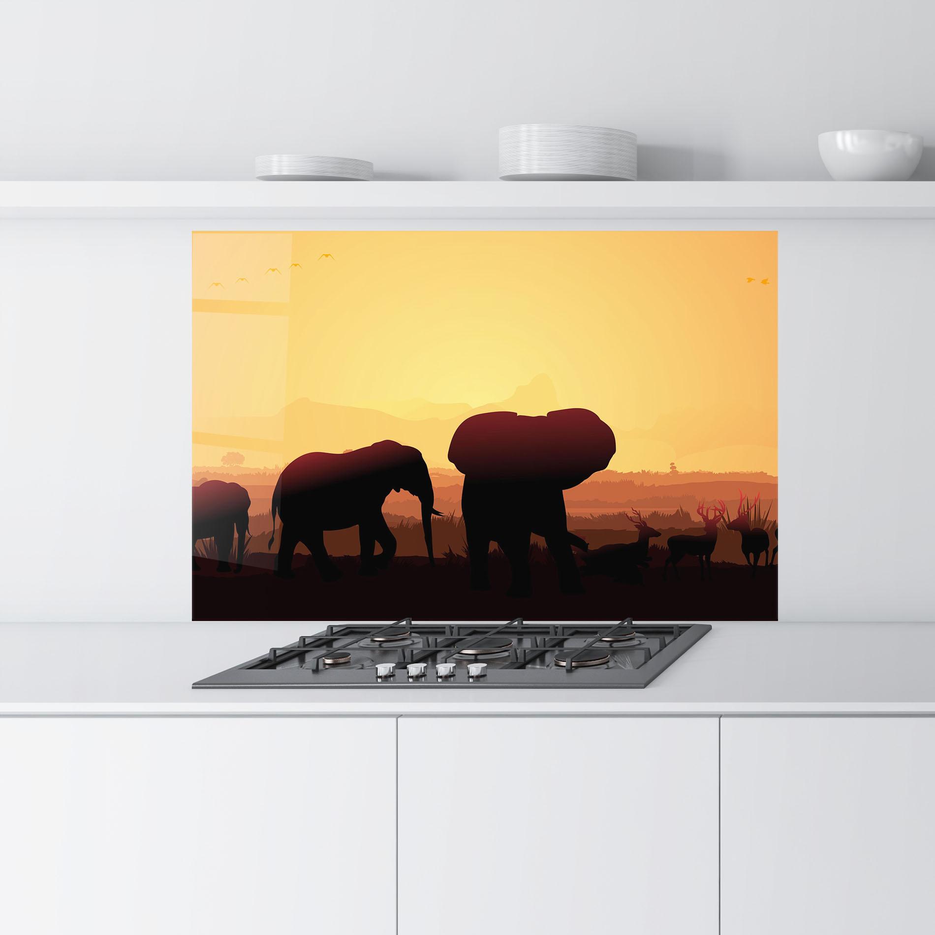 Panou Sticla Bucatarie Elephant Shilouette Sunset mockup 9