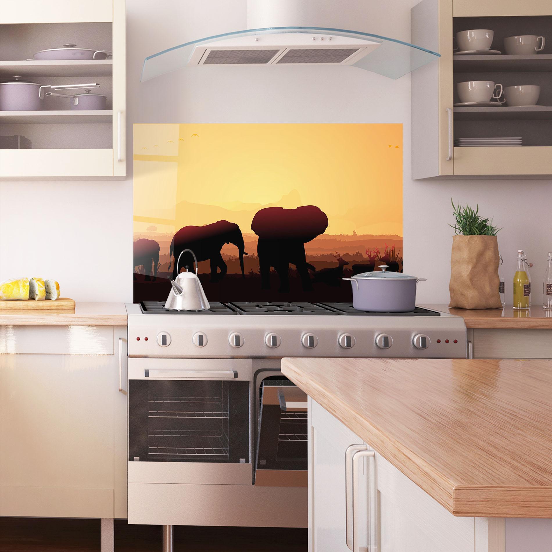 Panou Sticla Bucatarie Elephant Shilouette Sunset mockup 1