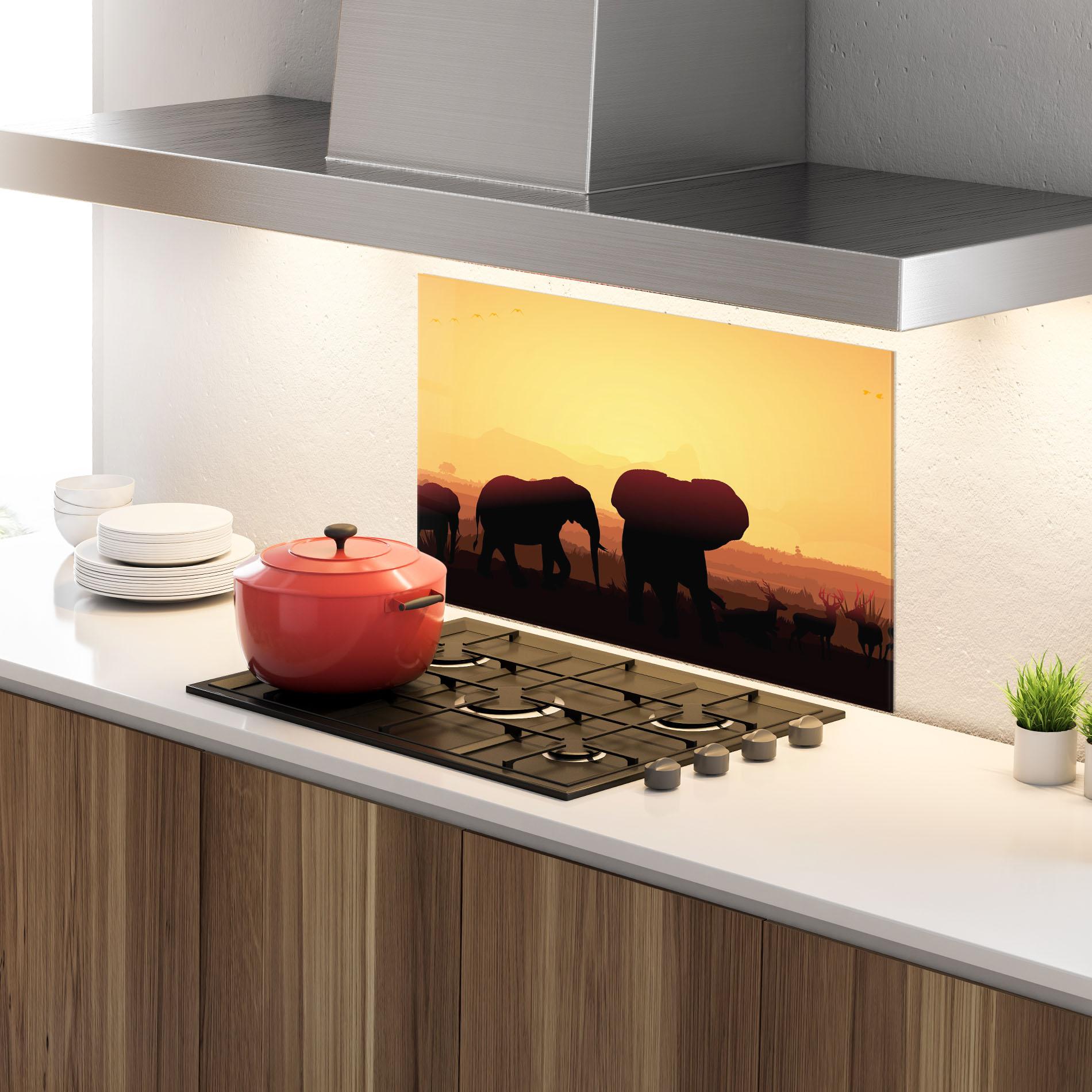 Panou Sticla Bucatarie Elephant Shilouette Sunset mockup 4