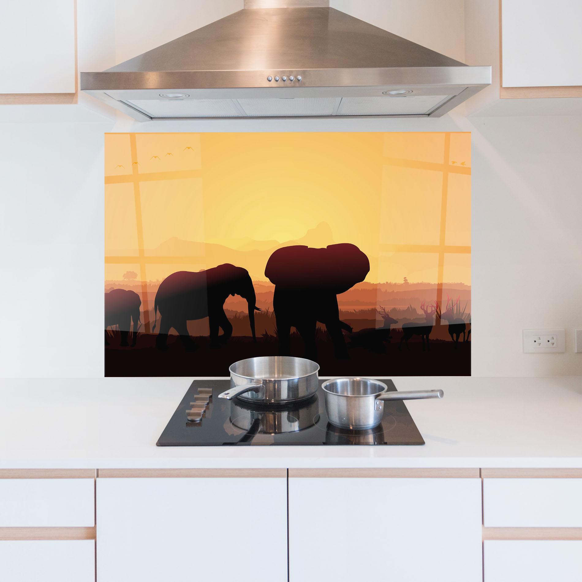 Panou Sticla Bucatarie Elephant Shilouette Sunset mockup 5